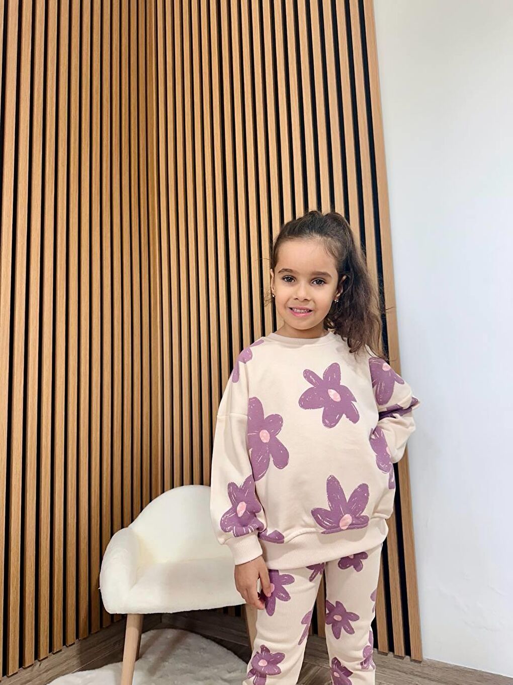 Bej Kız Çocuk Pamuklu Krem Lila Çiçek Desenli Sweatshirt & Tayt Takım-4