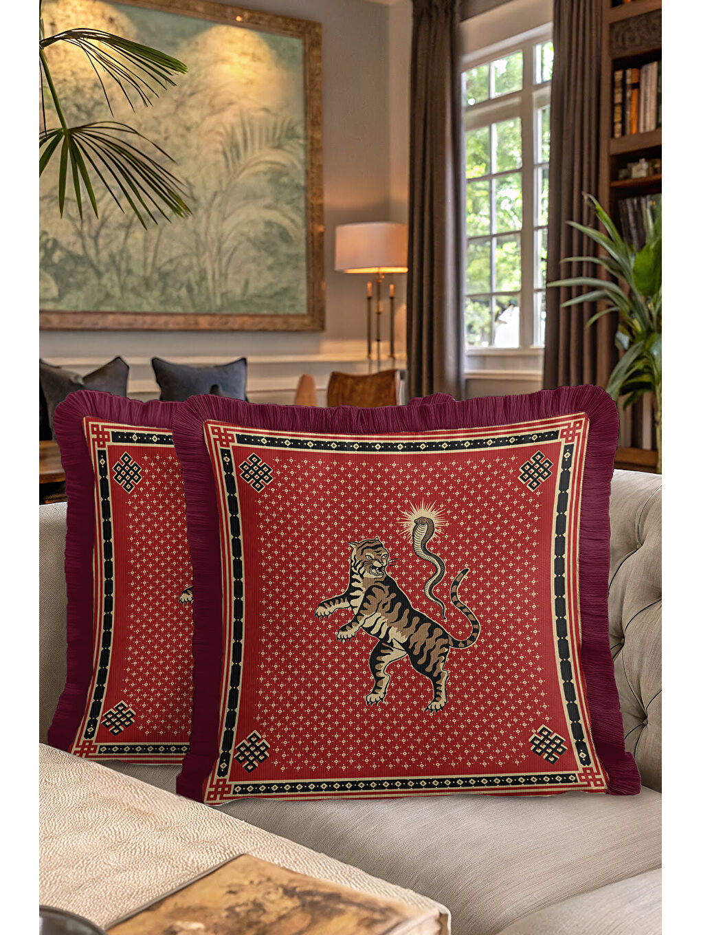 Karışık Asya Motifli Saçaklı Yastık Kılıfı - Egzotik Bohem Kırmızı Altın Renkli Püsküllü Kırlent Kılıfı-7
