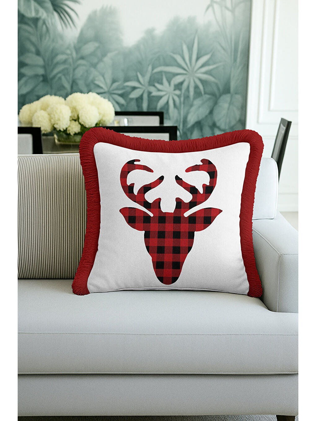 Karışık Kareli Geyikli Saçaklı Yastık Kılıfı - Kış Rustik Kırmızı Beyaz Püsküllü Kırlent Kılıfı-4