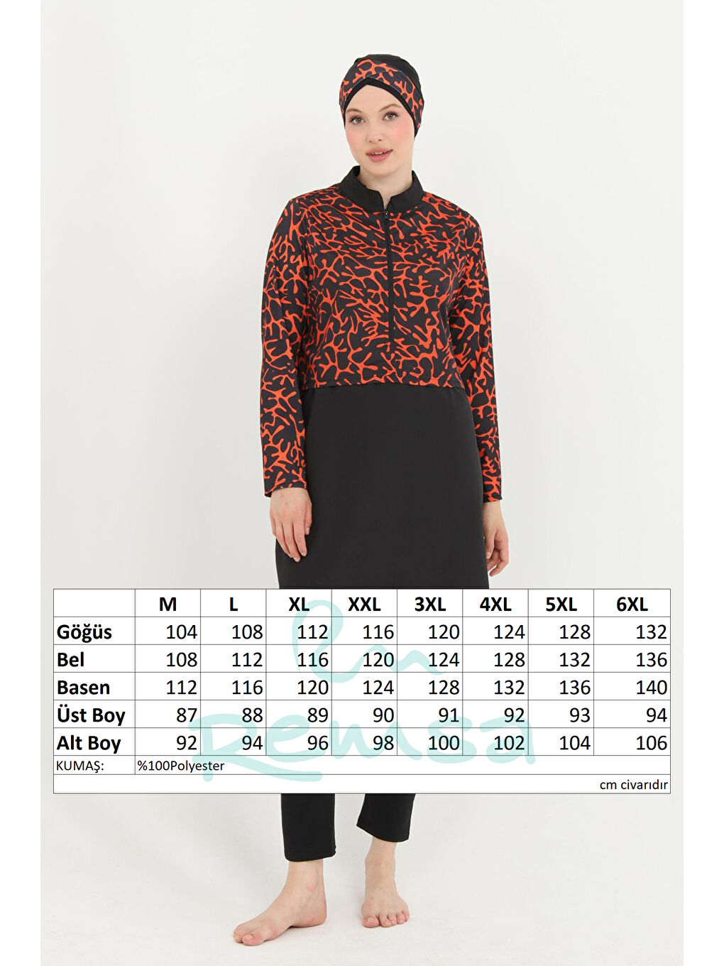 Turuncu Büyük Beden Desenli Tam Kapalı Tesettür Mayo 16 Siyah03-3