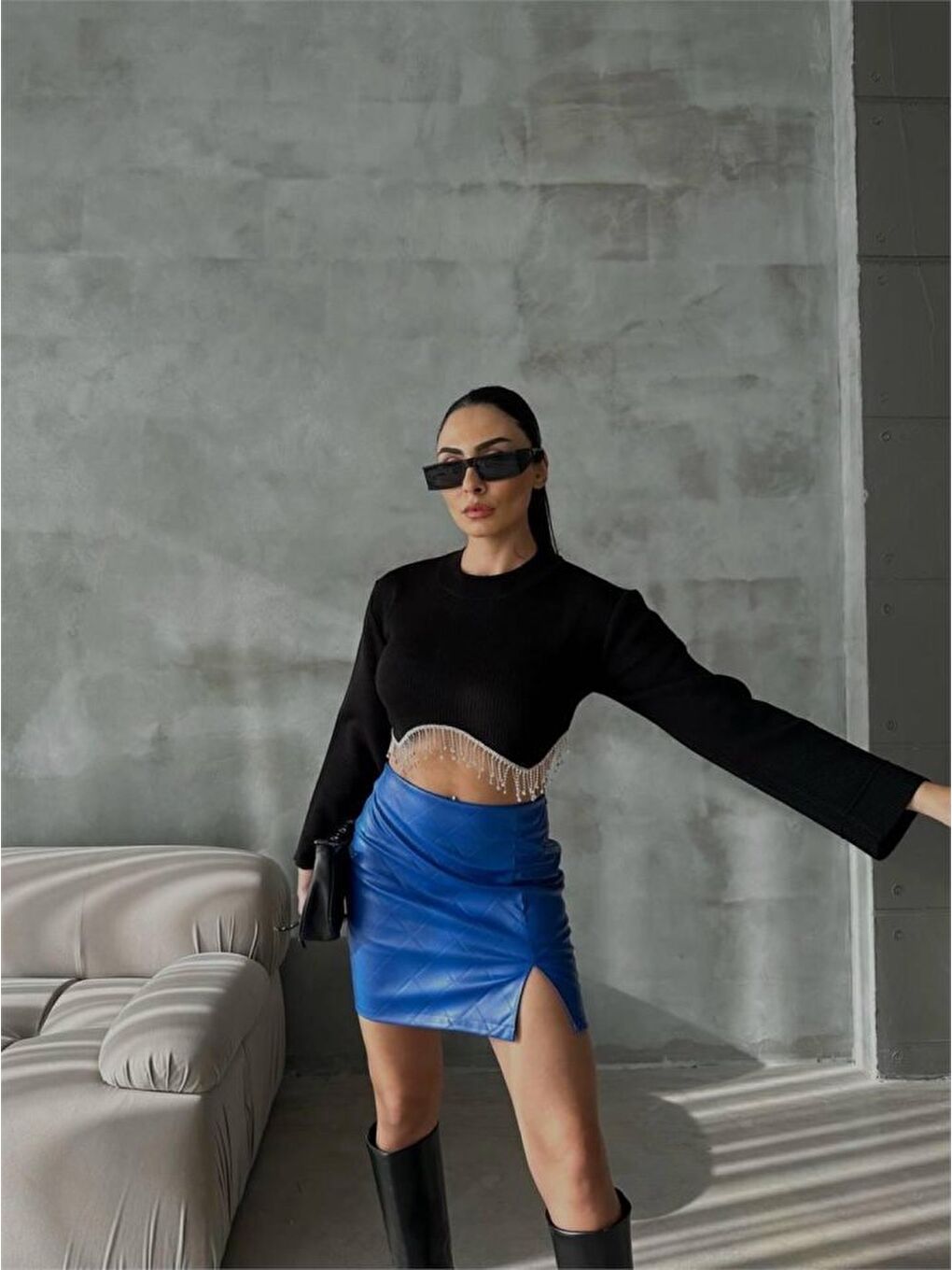 Mavi KAPİTONE DERİ ETEK YIRTMAÇLI - Saks-1