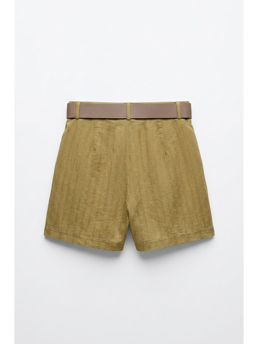 Yüksek Bel Dokulu Kemerli Mini Şort Bej-2