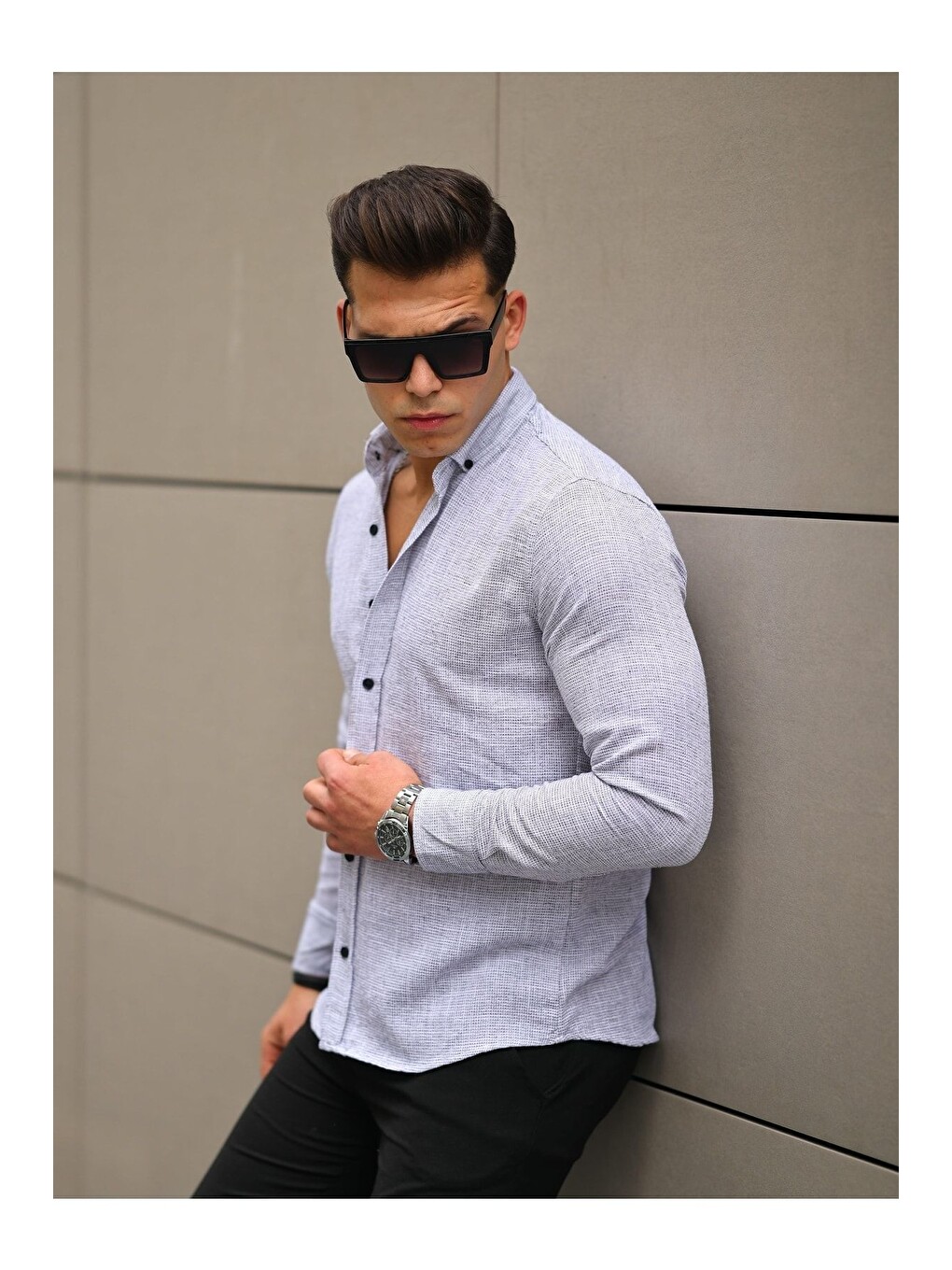 Siyah Erkek A Kalite Keten Slim Fit Uzun Kol Gömlek-2