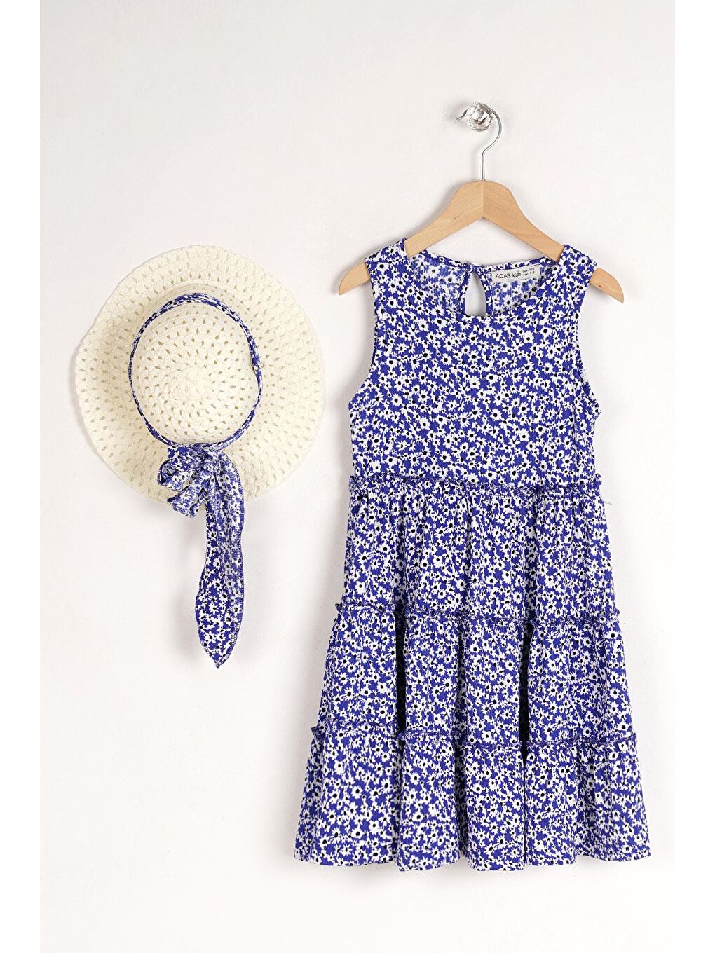 Mavi Bisiklet Yaka Çiçek Desenli Katlı Şapka Aksesuarlı Kız Çocuk Elbise