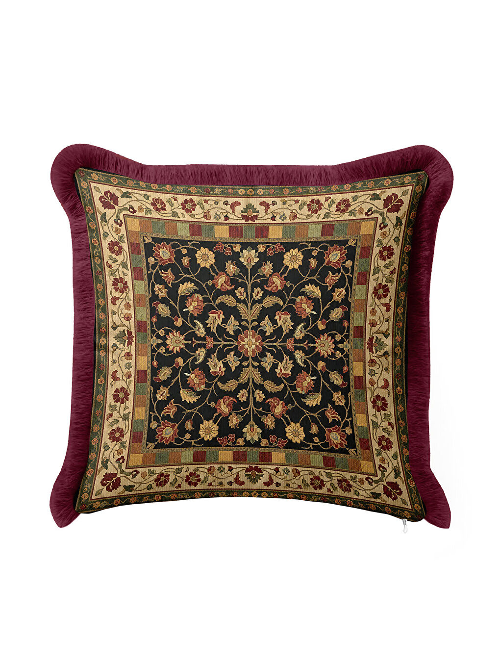 Karışık Saray Motifli Saçaklı Yastık Kılıfı - Vintage Etnik Altın Renkli Bordo Püsküllü Kırlent Kılıfı