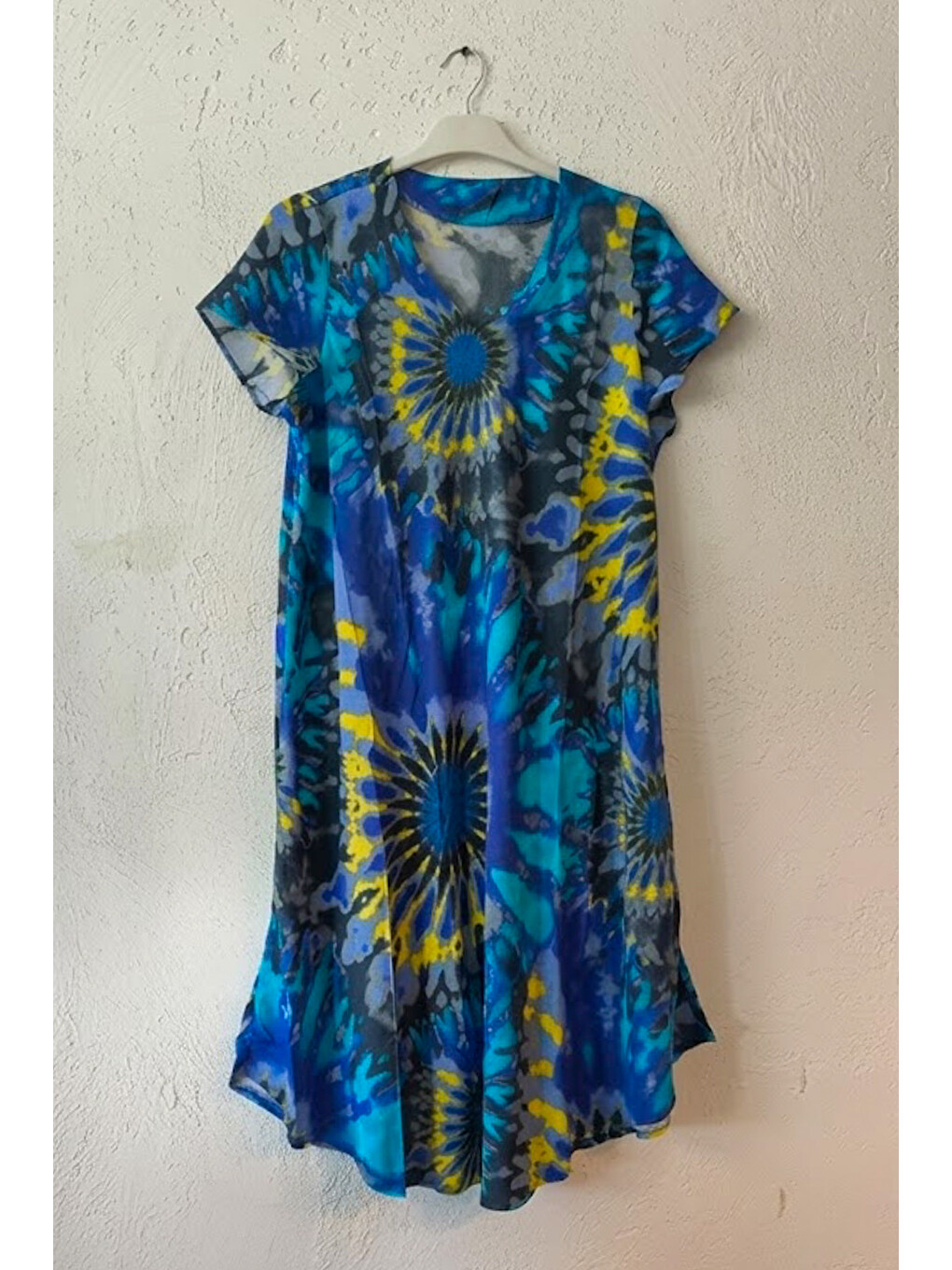Saks Mavisi V Yaka Kısa Kol Desenli Casual Viskon Dokuma Elbise 113 64-1