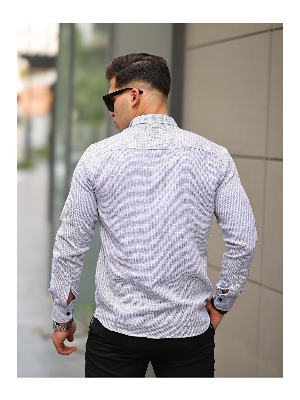 Siyah Erkek A Kalite Keten Slim Fit Uzun Kol Gömlek-3