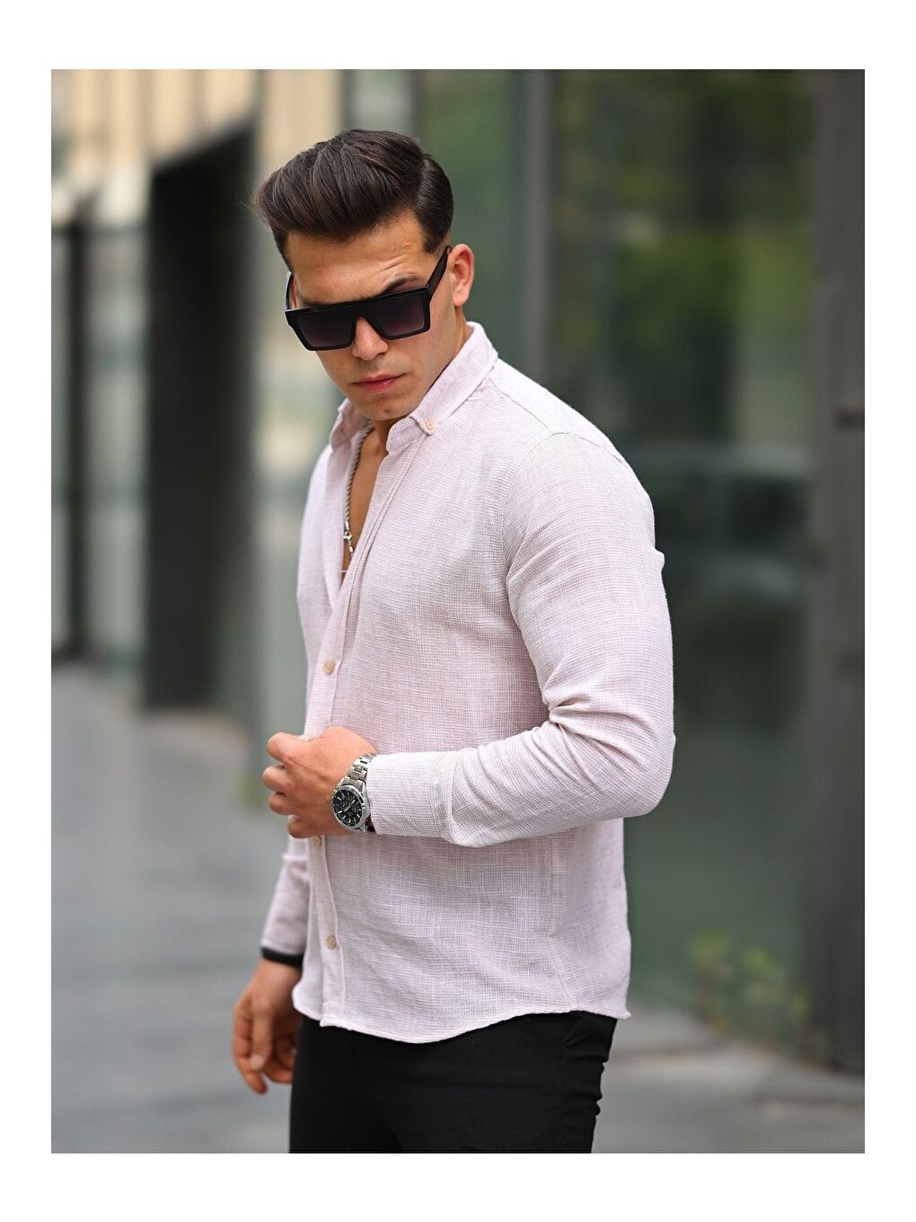 Bordo Erkek A Kalite Keten Slim Fit Uzun Kol Gömlek-2