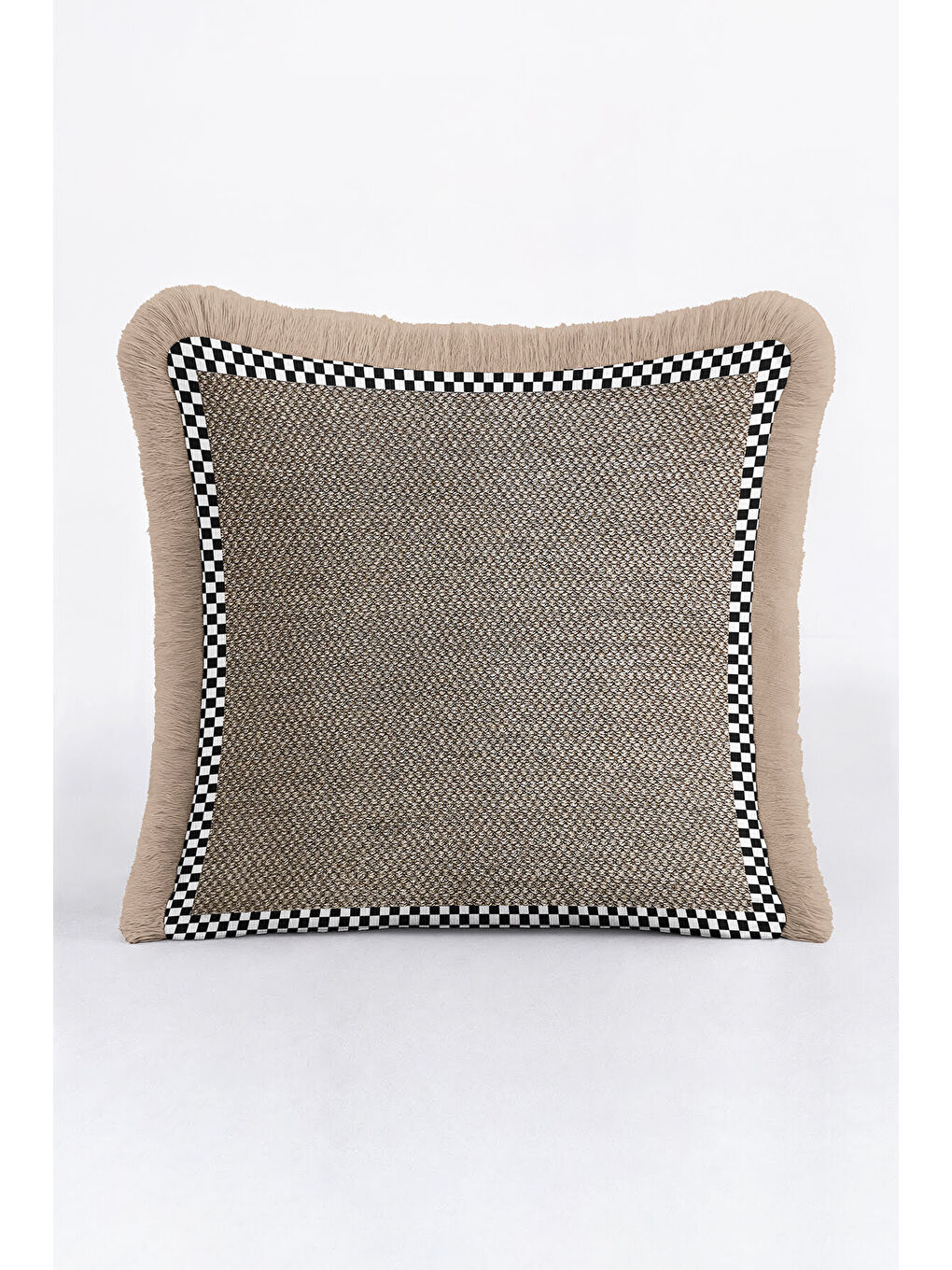 Karışık Zarif Geometrik Çizgili Saçaklı Yastık Kılıfı - Monokrom Modern Bej Siyah Püsküllü Kırlent Kılıfı-2