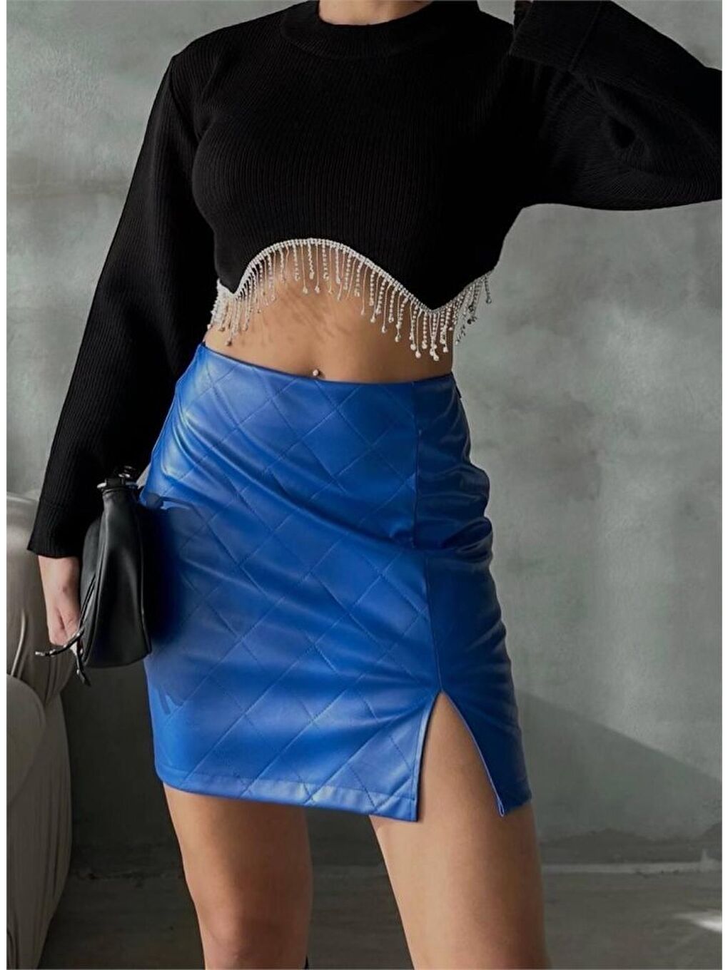 Mavi KAPİTONE DERİ ETEK YIRTMAÇLI - Saks-2