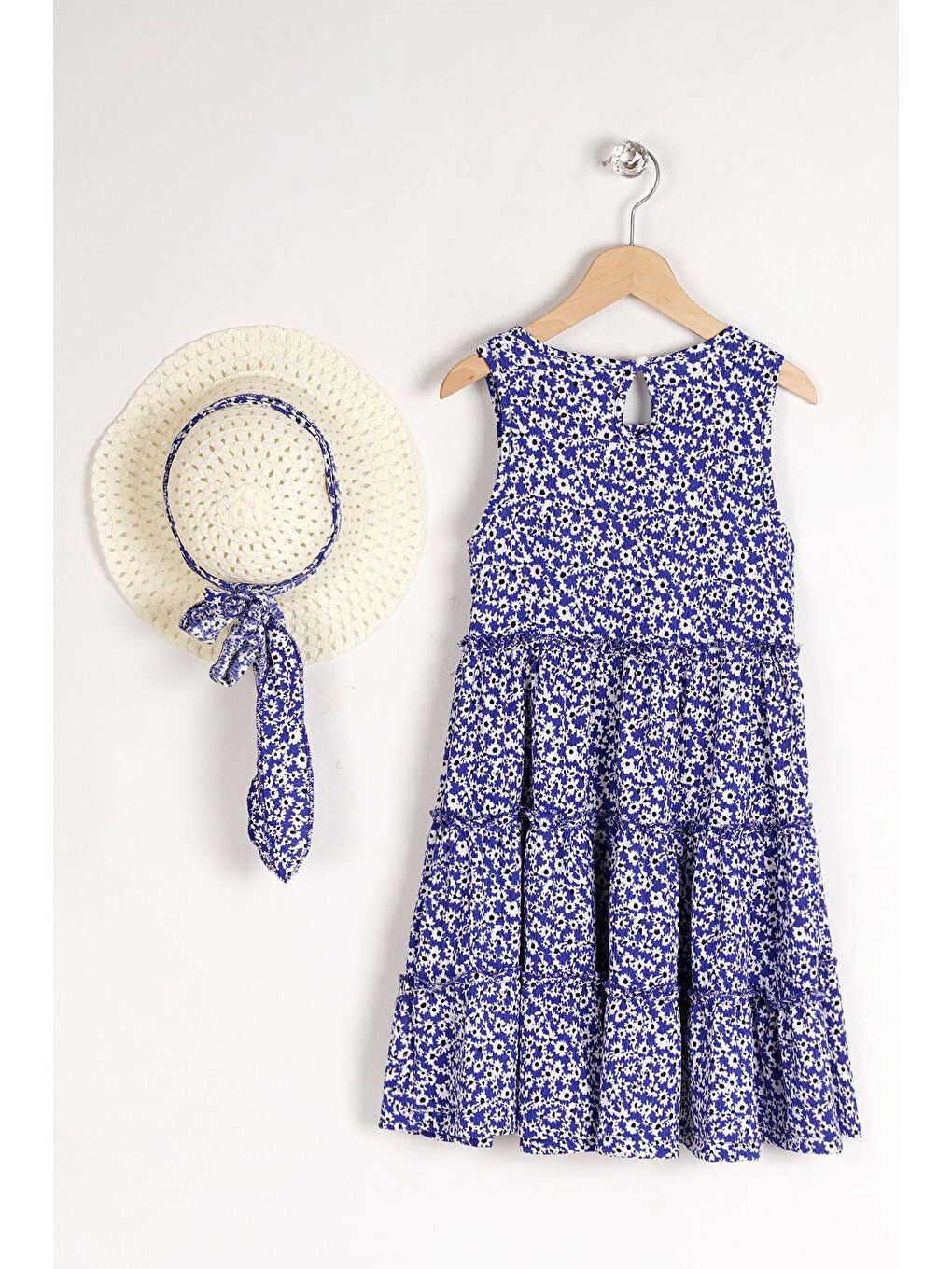 Mavi Bisiklet Yaka Çiçek Desenli Katlı Şapka Aksesuarlı Kız Çocuk Elbise-1