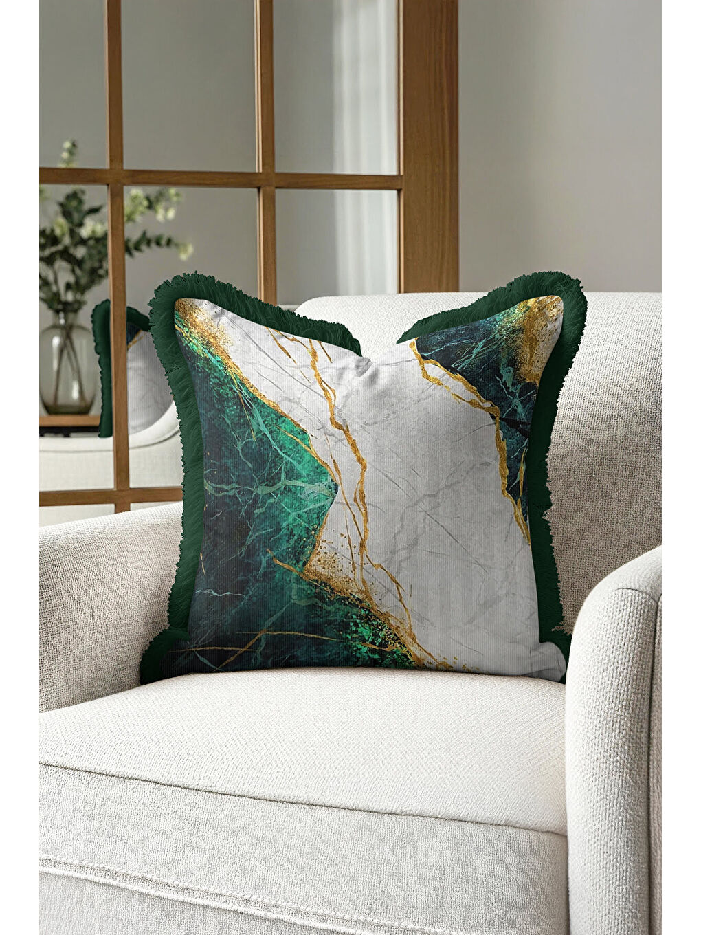 Karışık Mermer Efektli Lüks Saçaklı Yastık Kılıfı - Modern Zümrüt Yeşili Altın Renk Püsküllü Kırlent Kılıfı-2