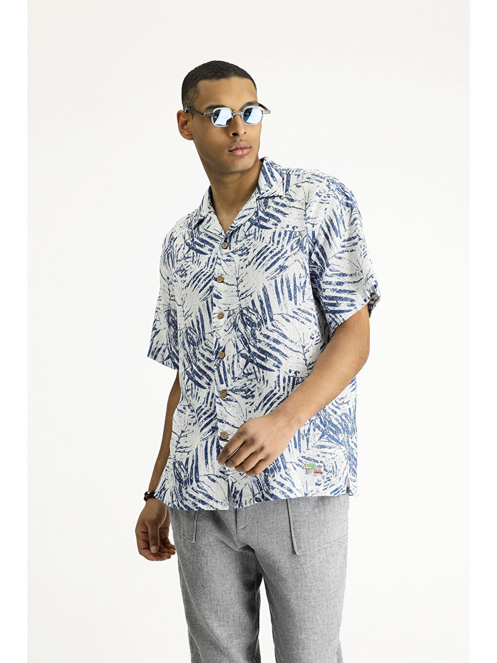 Lacivert Kısa Kol Oversize Desenli Spor Pamuk Gömlek-1