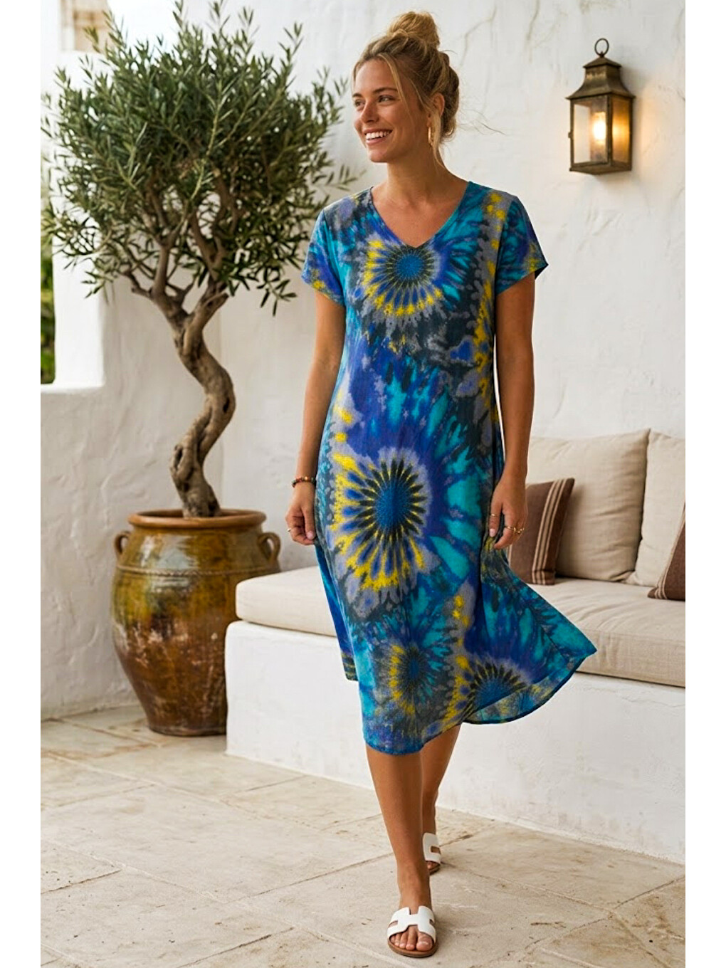 Saks Mavisi V Yaka Kısa Kol Desenli Casual Viskon Dokuma Elbise 113 64-5