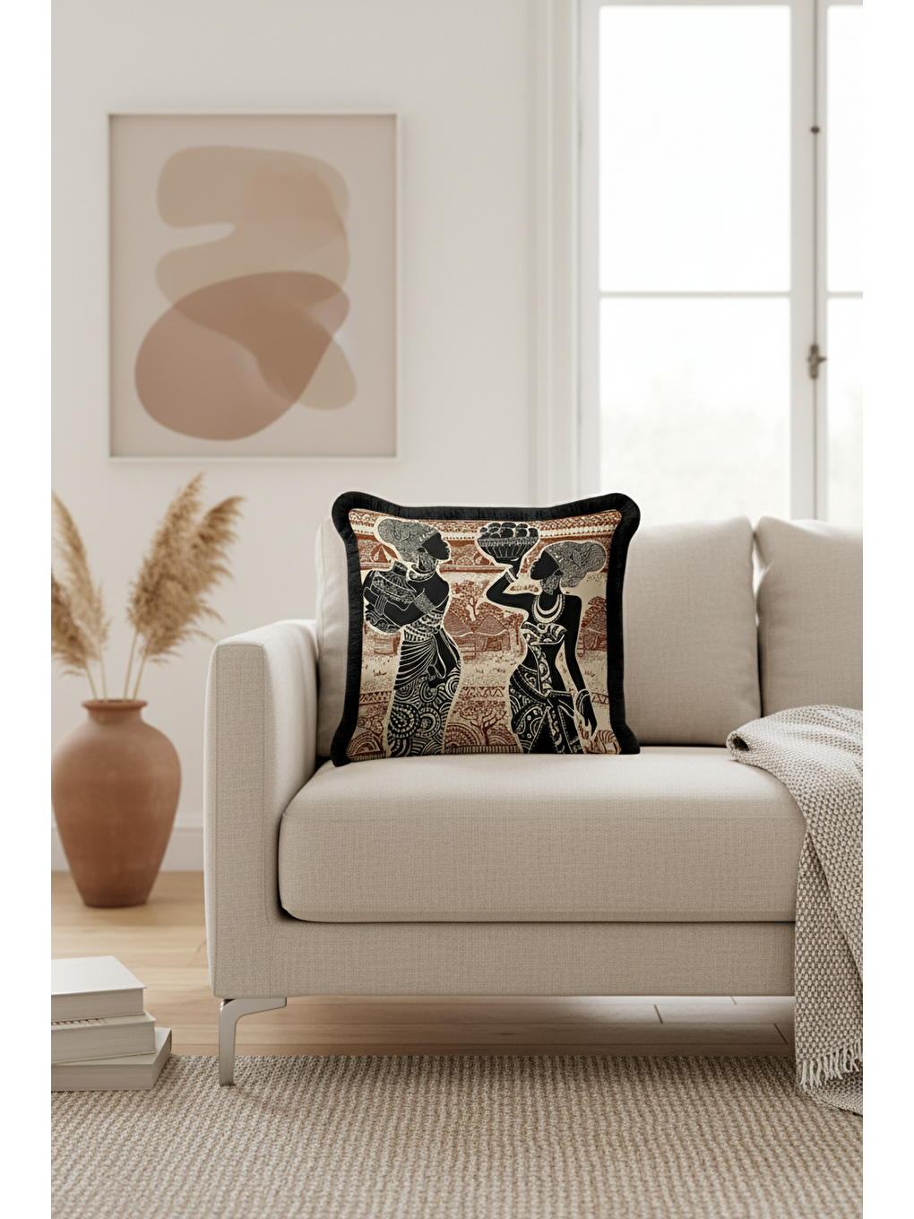 Karışık Afrika Esintili Etnik Saçaklı Yastık Kılıfı - Bohem Doğal Kahverengi Siyah Püsküllü Kırlent Kılıfı-1