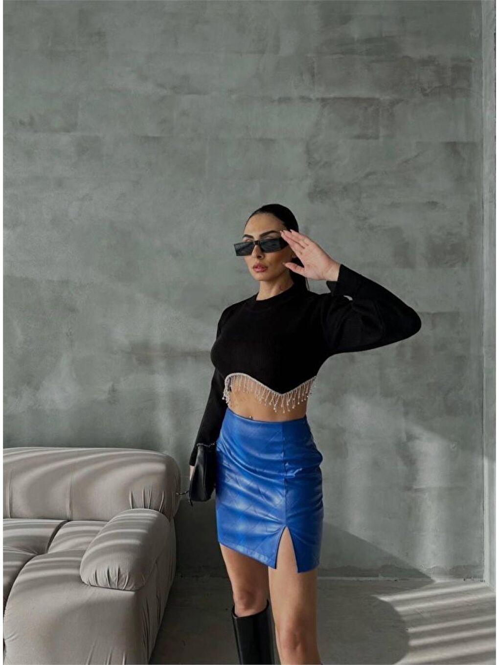 Mavi KAPİTONE DERİ ETEK YIRTMAÇLI - Saks-3