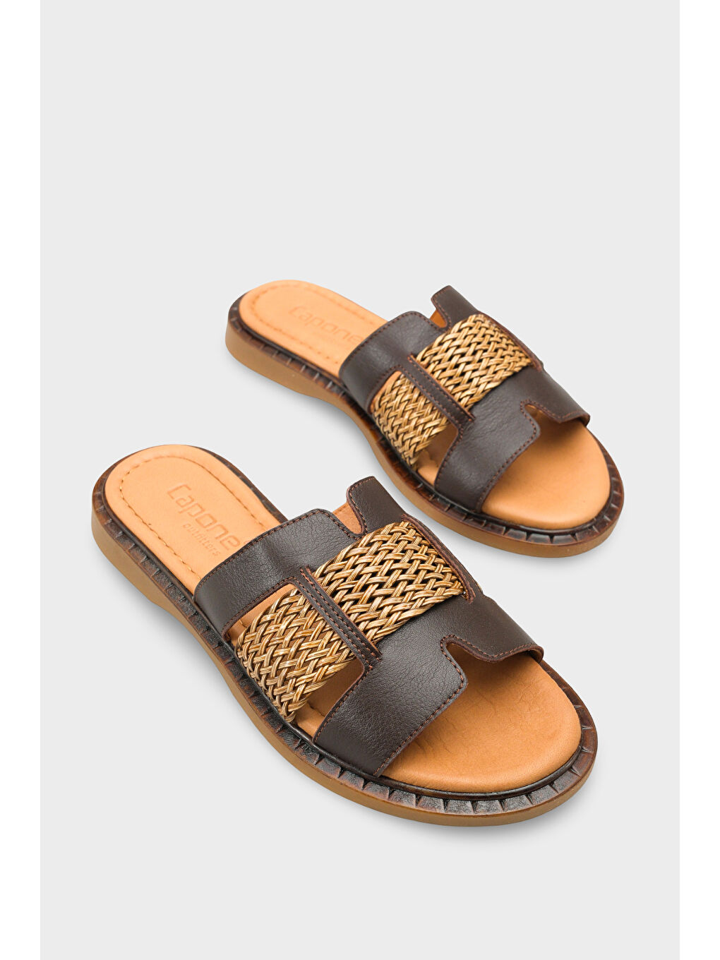 Kahverengi Kayla Hakiki Deri Hasırlı Düz Topuklu Kadın Terlik-1