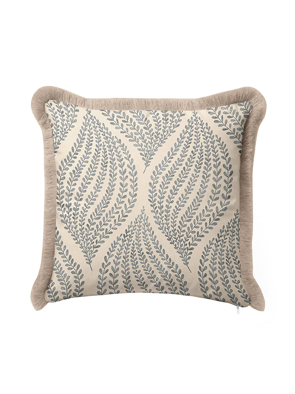 Karışık Zarif Yaprak Motifli Saçaklı Yastık Kılıfı - Doğal Country Bej Mavi Püsküllü Kırlent Kılıfı-4