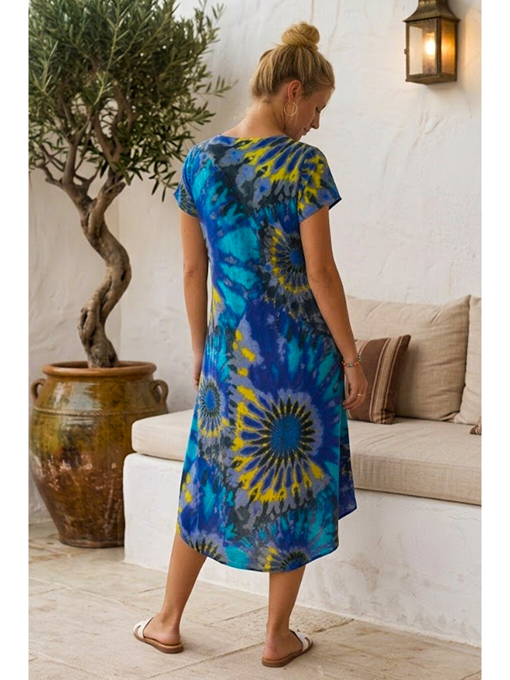Saks Mavisi V Yaka Kısa Kol Desenli Casual Viskon Dokuma Elbise 113 64-7