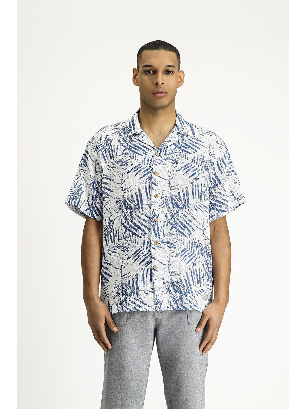 Lacivert Kısa Kol Oversize Desenli Spor Pamuk Gömlek-3