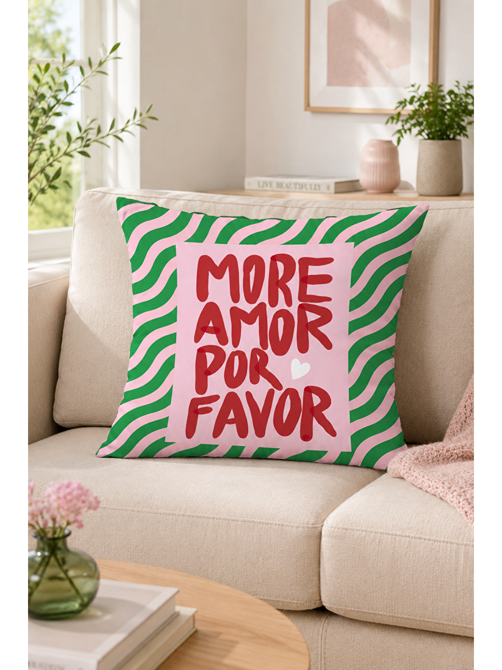 Beyaz More Amor Por Favor Yazı Baskılı Dekoratif Kırlent Kılıfı Bohem Balkon Dekoru 43x43 Cm-2