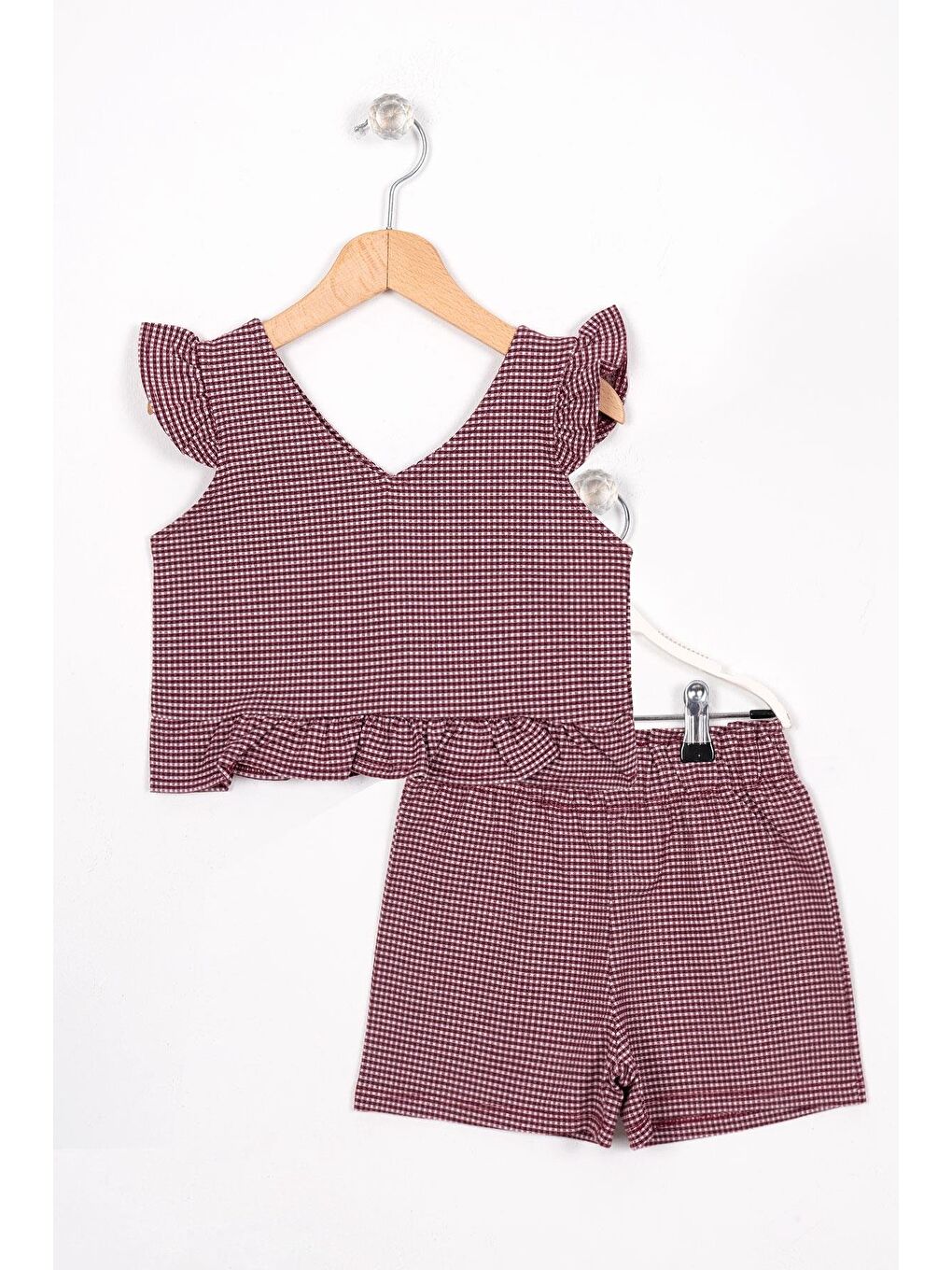 Mürdüm V Yaka Fırfır Detaylı Kız Çocuk Şortlu Takım