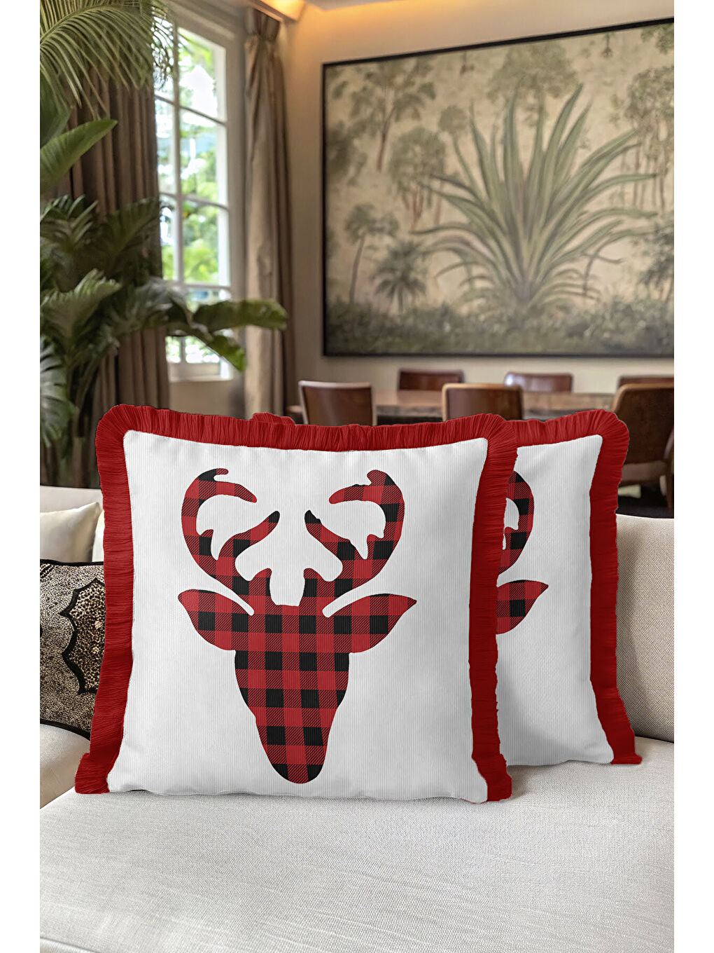 Karışık Kareli Geyikli Saçaklı Yastık Kılıfı - Kış Rustik Kırmızı Beyaz Püsküllü Kırlent Kılıfı-5