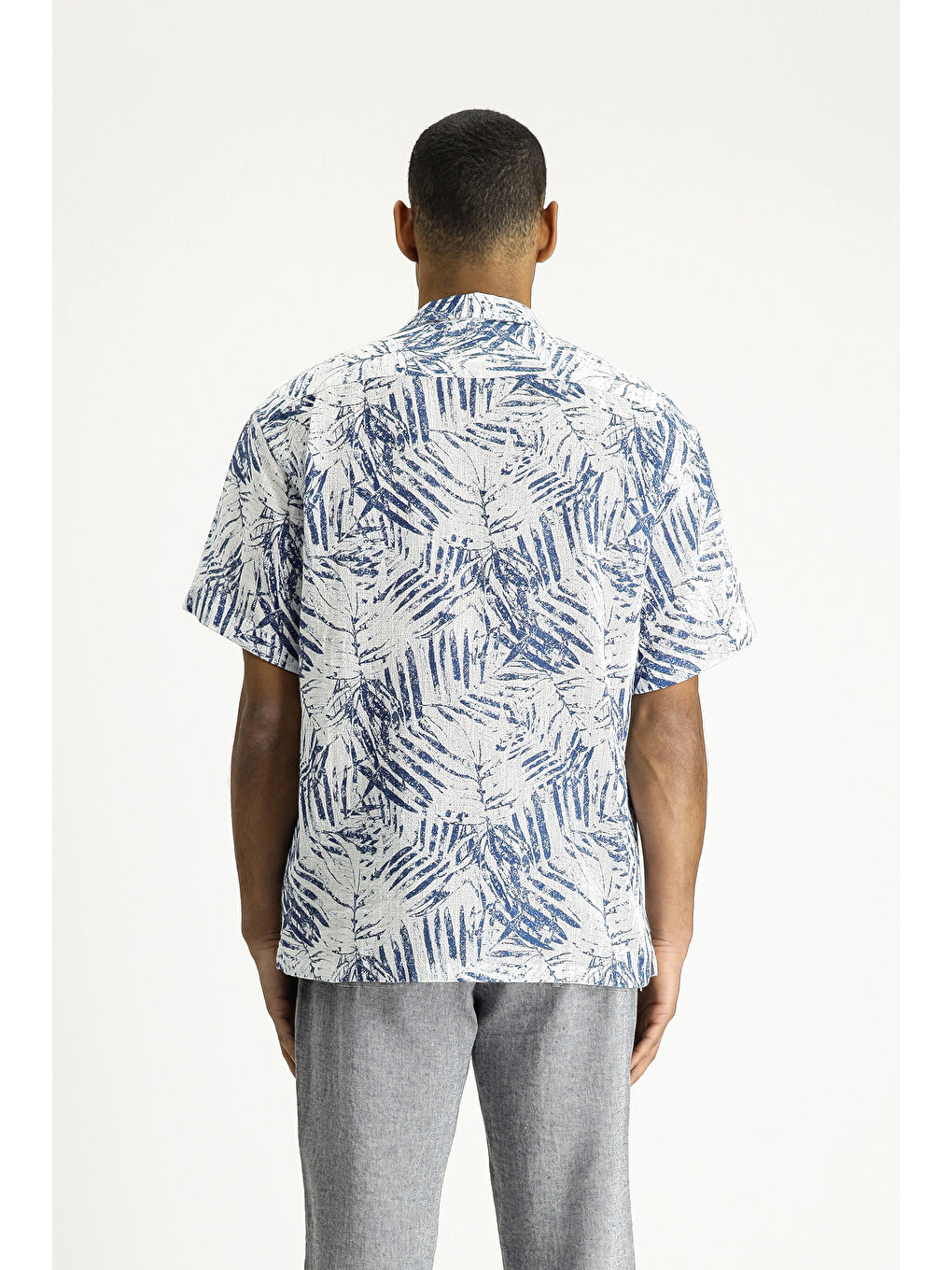 Lacivert Kısa Kol Oversize Desenli Spor Pamuk Gömlek-4