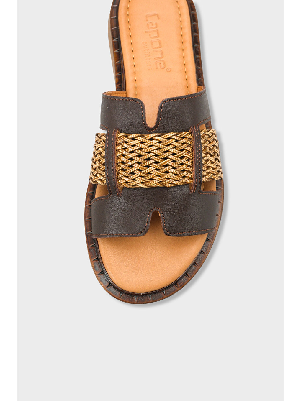 Kahverengi Kayla Hakiki Deri Hasırlı Düz Topuklu Kadın Terlik-2