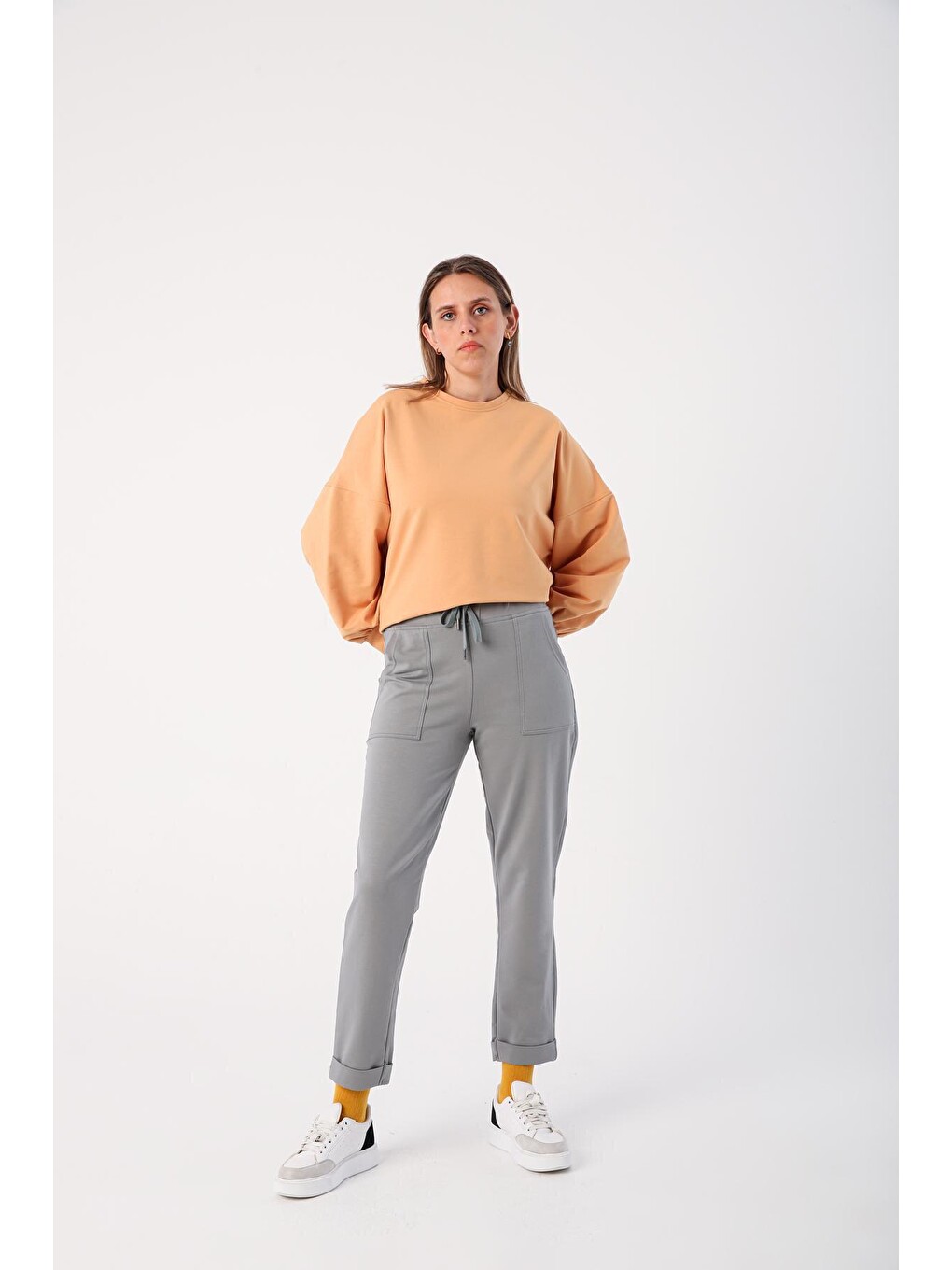 Gri01 Duble Paça Lastikli Rahat Örme Pantolon-1