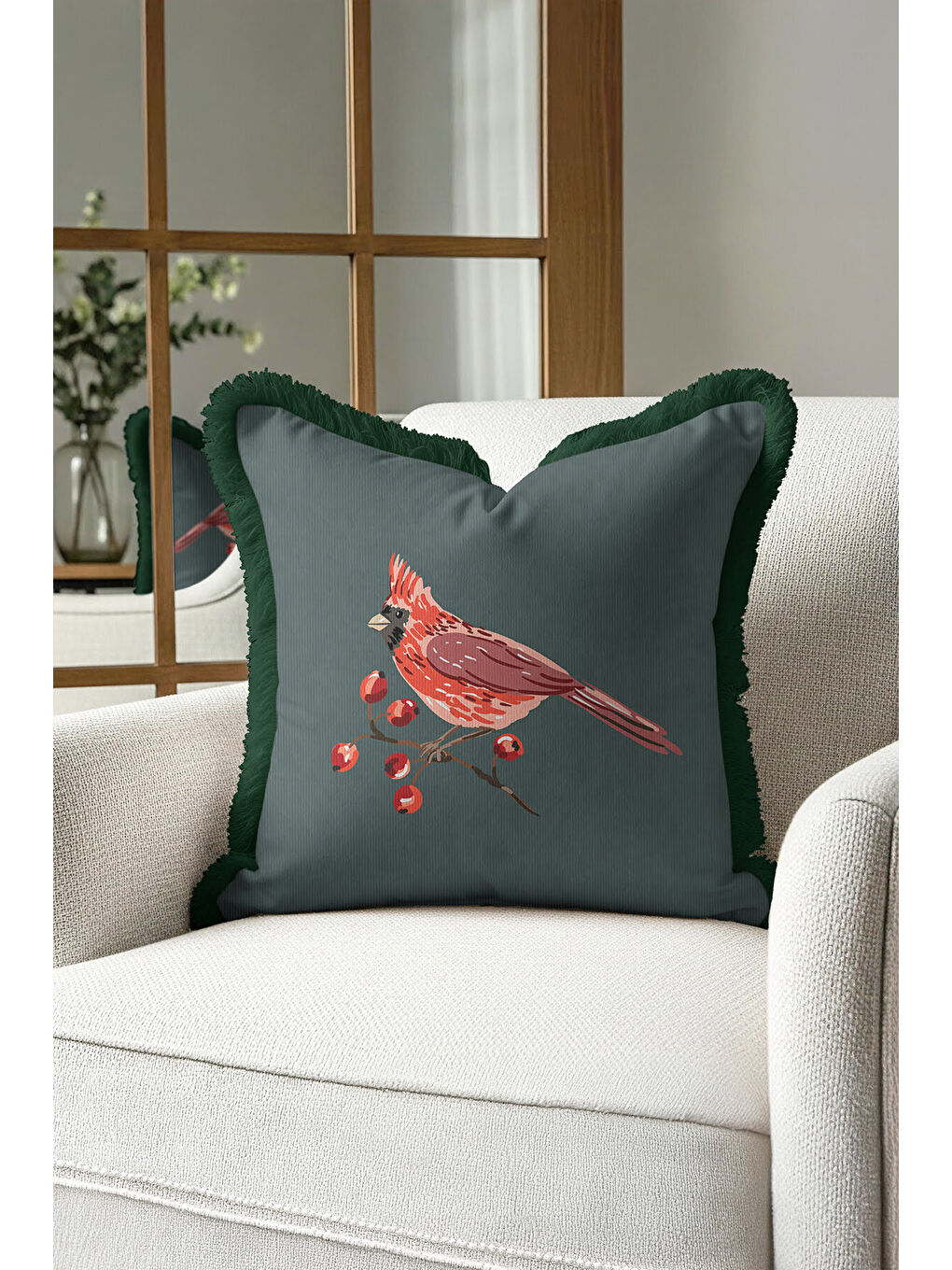 Karışık Kırmızı Kuşlu Saçaklı Yastık Kılıfı - Doğadan Esinlenen Modern Yeşil Püsküllü Kırlent Kılıfı-1