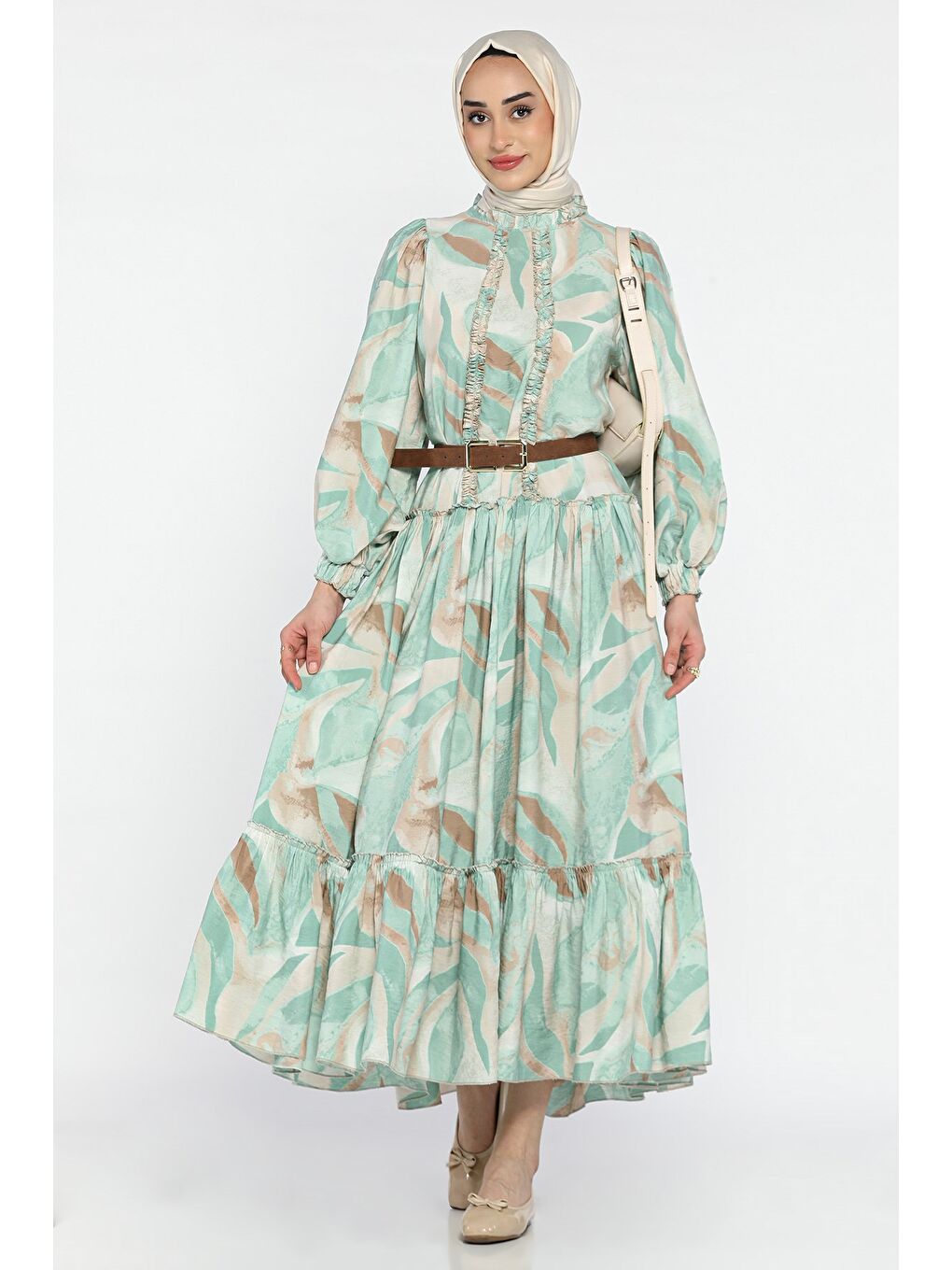 Yeşil Fırfır Detaylı Tesettür Elbise