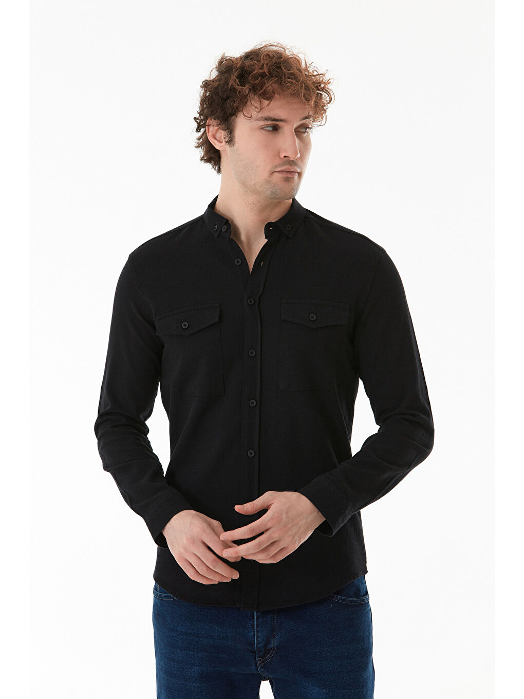 Siyah Çift Cepli Düğmeli Gömlek-1