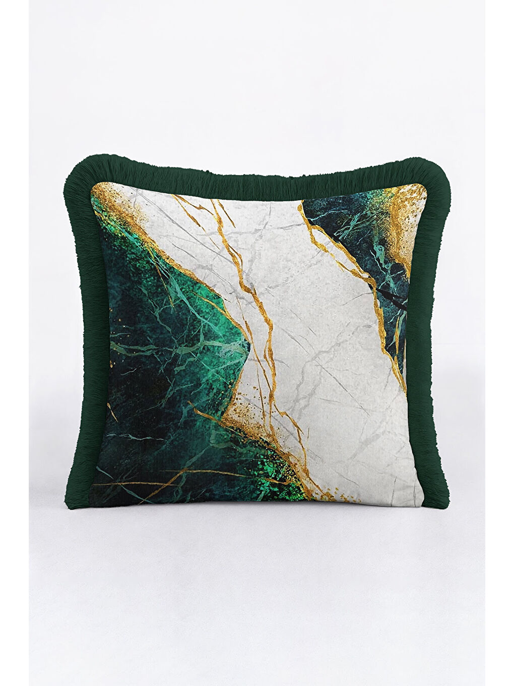 Karışık Mermer Efektli Lüks Saçaklı Yastık Kılıfı - Modern Zümrüt Yeşili Altın Renk Püsküllü Kırlent Kılıfı-3