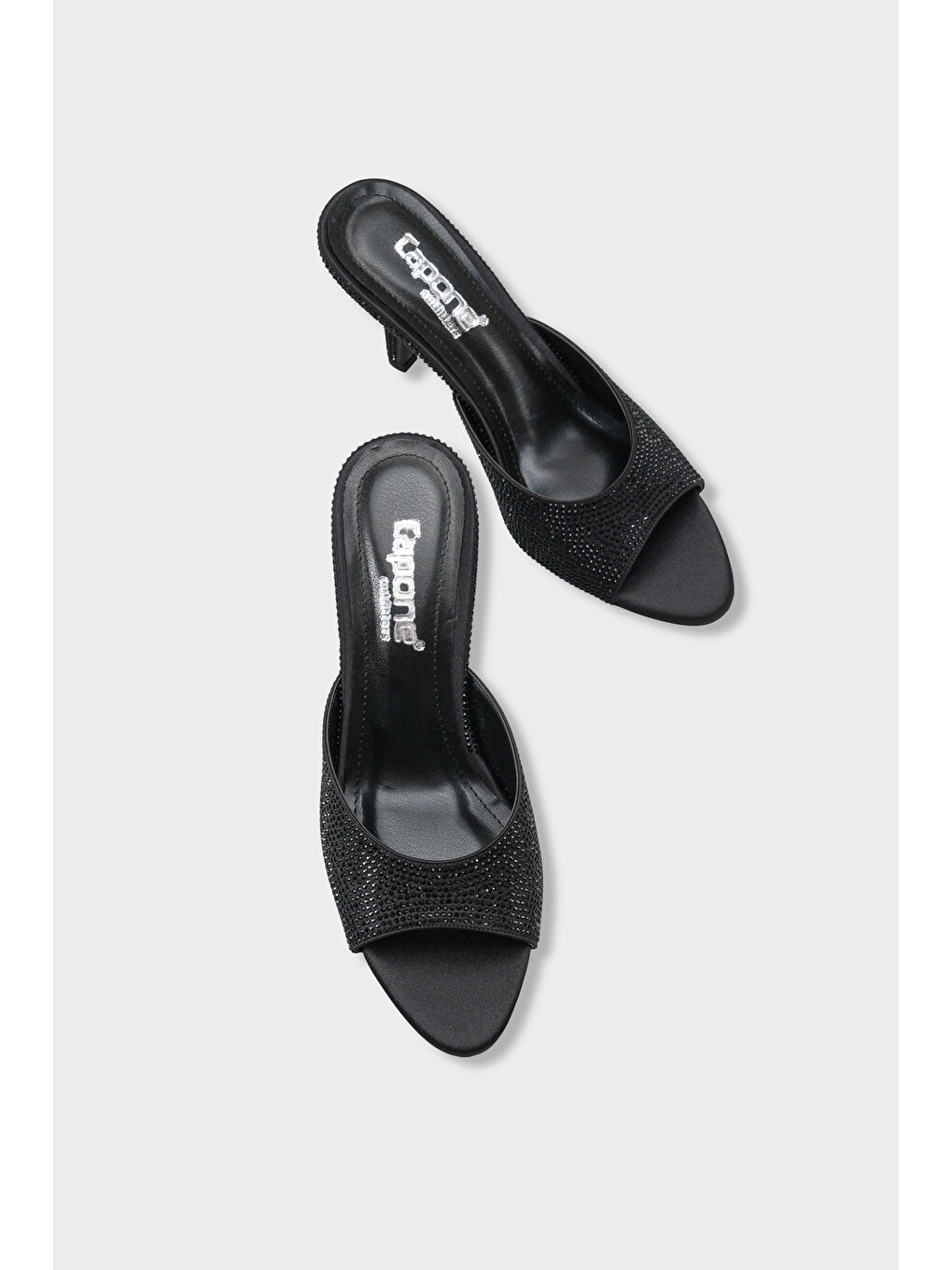 Siyah Lenore Taşlı Feta Dolgu Orta Topuklu Saten Kadın Terlik-5