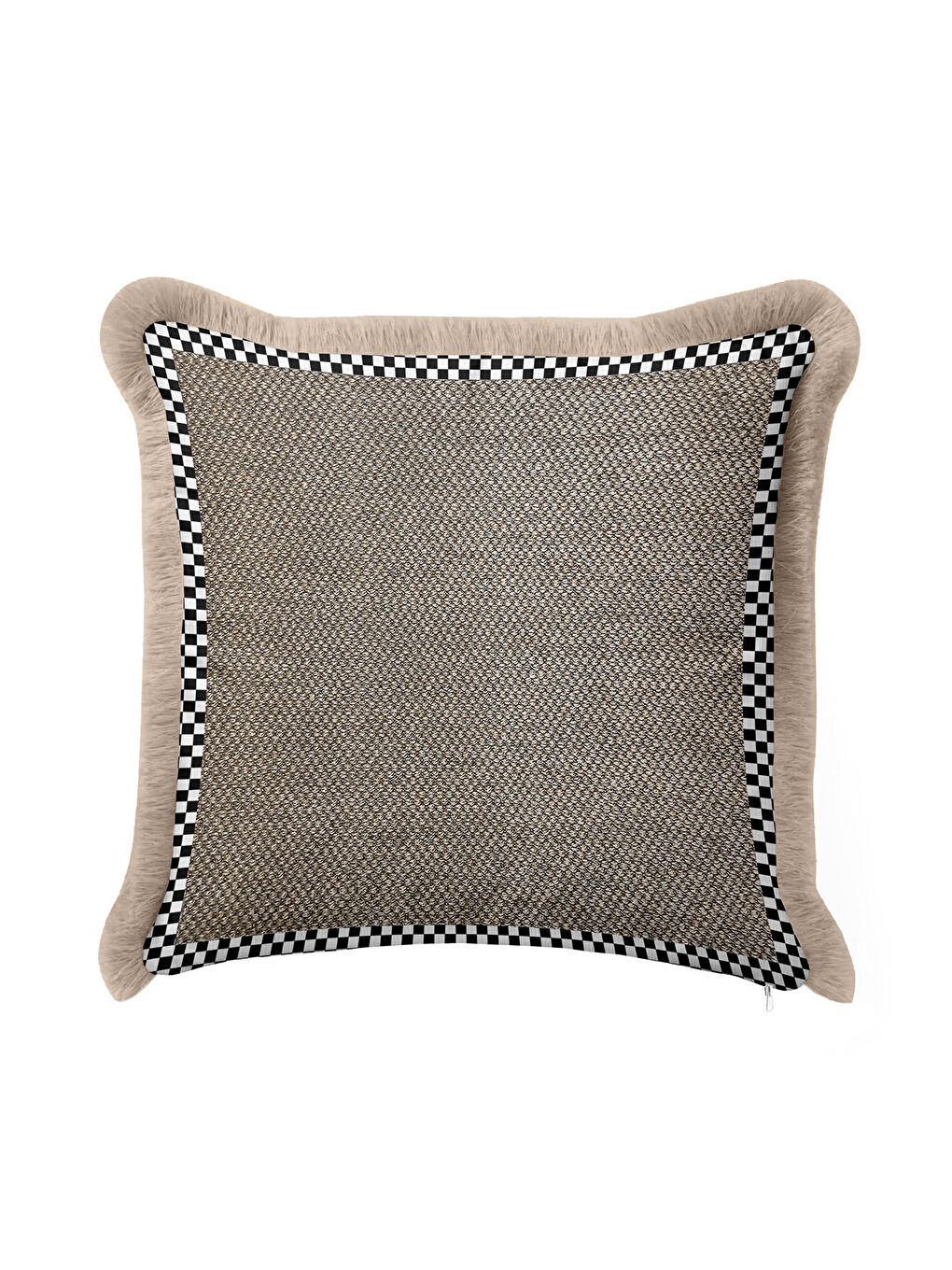 Karışık Zarif Geometrik Çizgili Saçaklı Yastık Kılıfı - Monokrom Modern Bej Siyah Püsküllü Kırlent Kılıfı-3