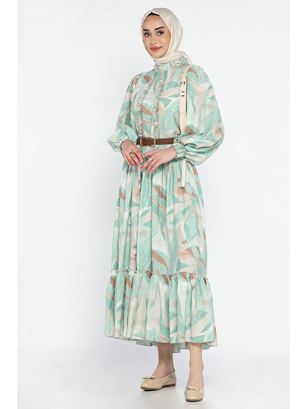 Yeşil Fırfır Detaylı Tesettür Elbise-3