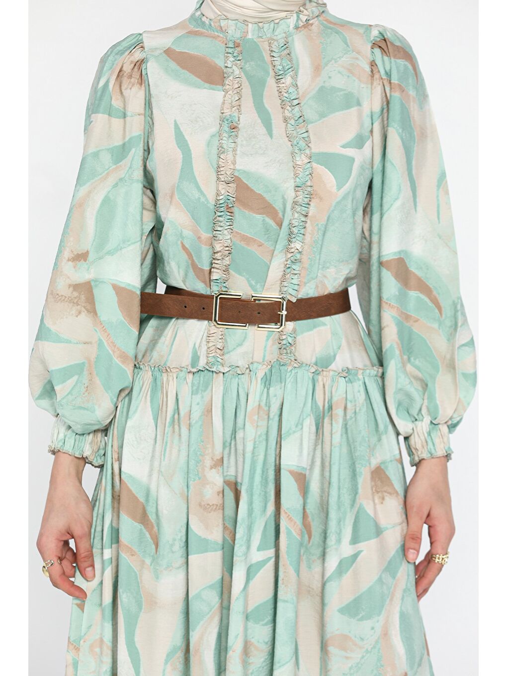 Yeşil Fırfır Detaylı Tesettür Elbise-4