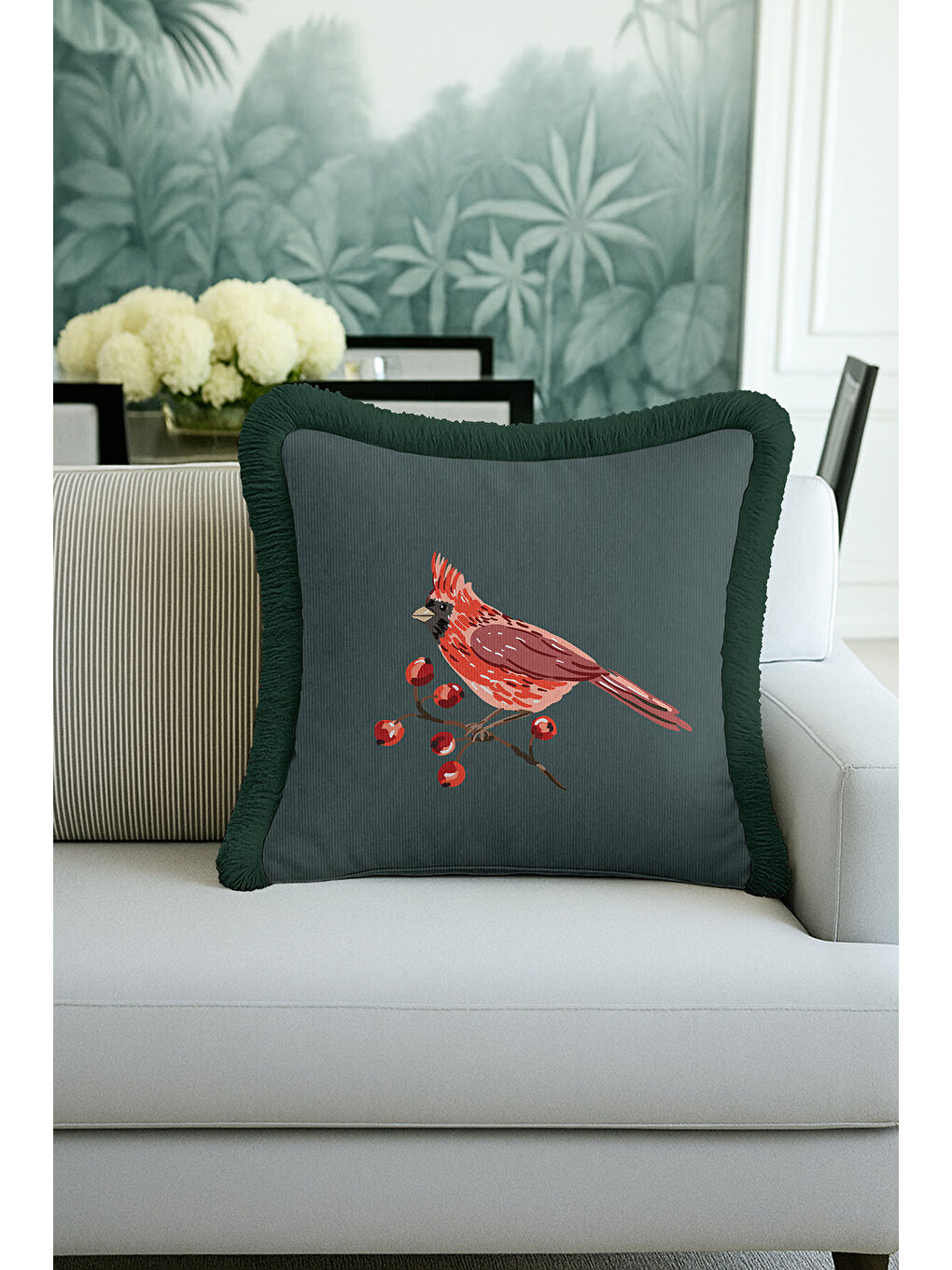 Karışık Kırmızı Kuşlu Saçaklı Yastık Kılıfı - Doğadan Esinlenen Modern Yeşil Püsküllü Kırlent Kılıfı-2