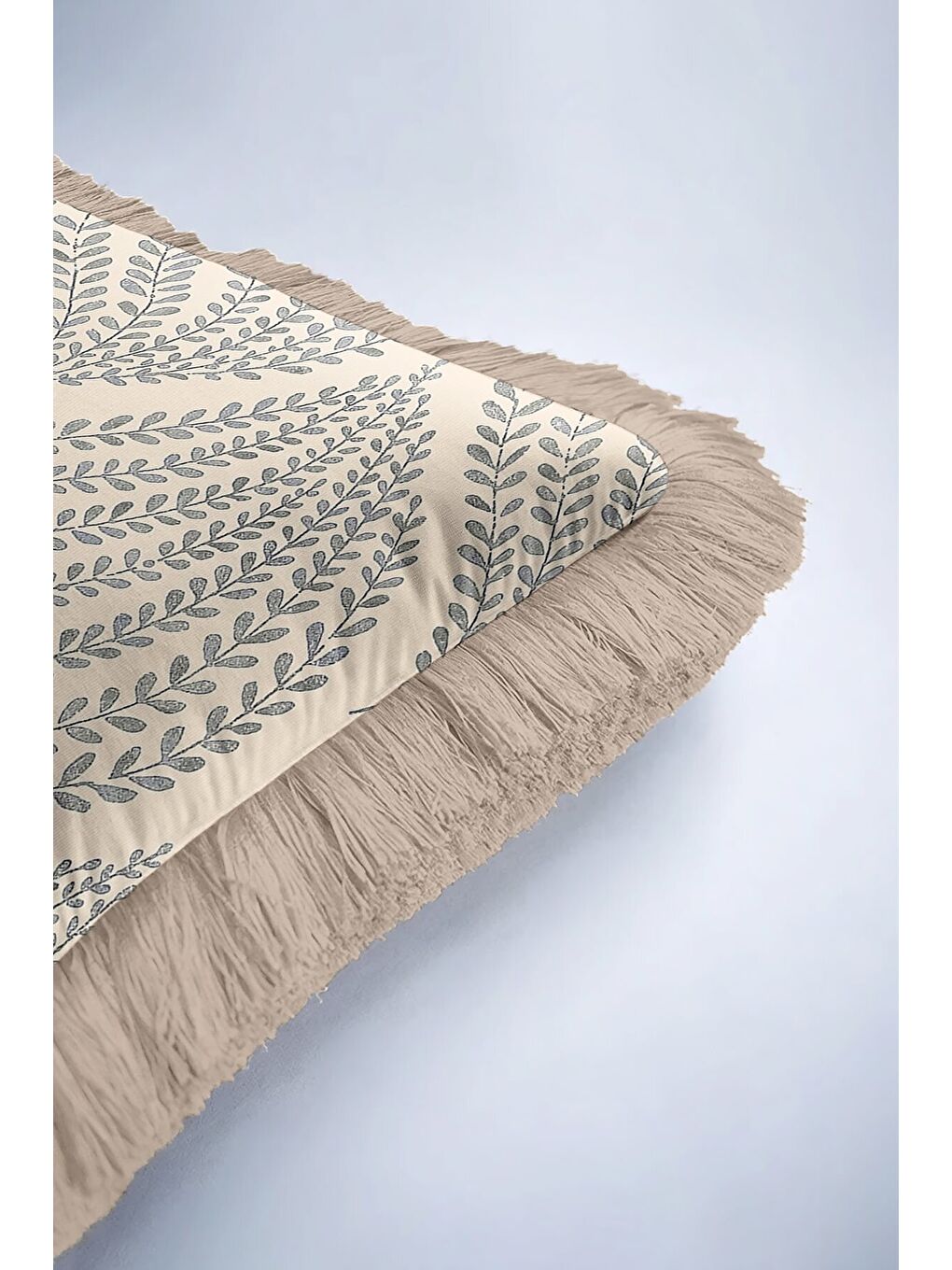 Karışık Zarif Yaprak Motifli Saçaklı Yastık Kılıfı - Doğal Country Bej Mavi Püsküllü Kırlent Kılıfı-6