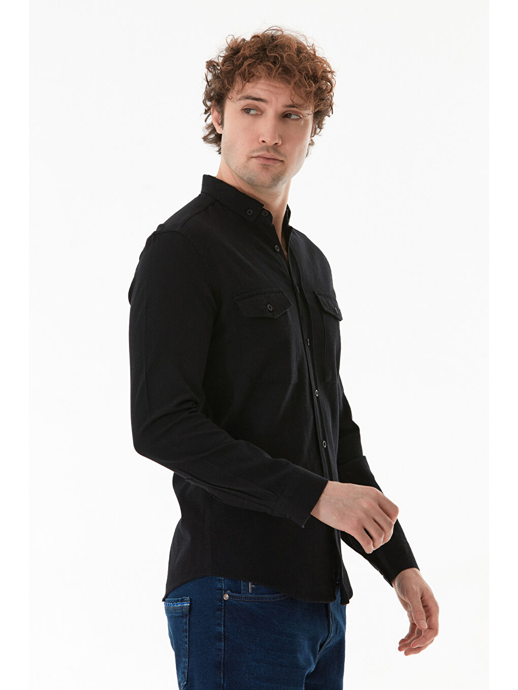 Siyah Çift Cepli Düğmeli Gömlek-2