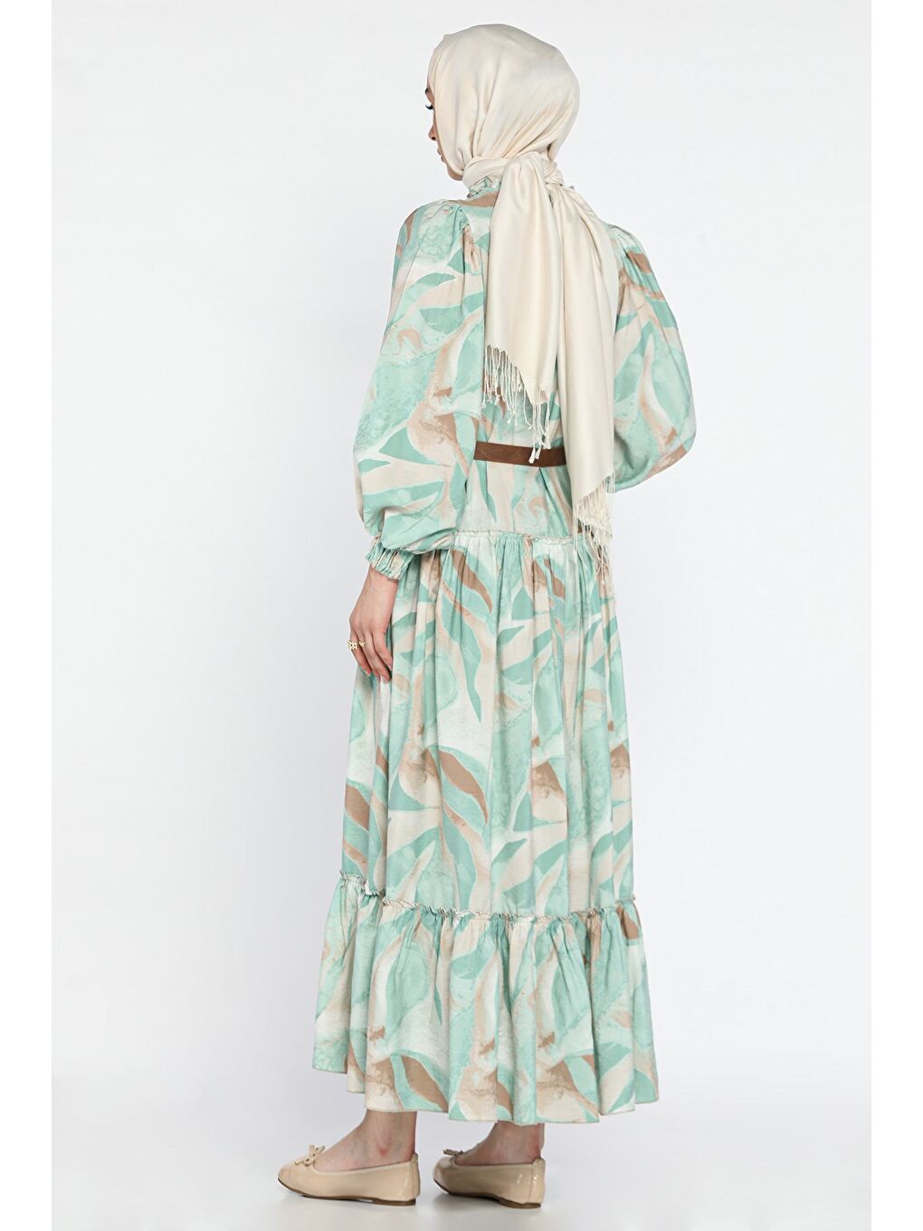 Yeşil Fırfır Detaylı Tesettür Elbise-7