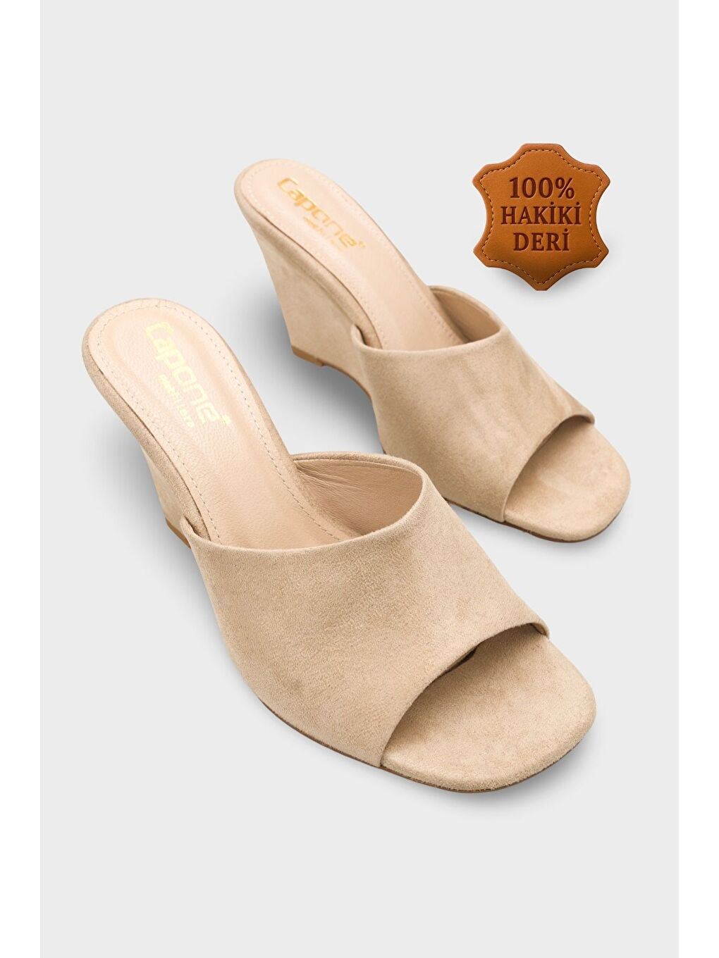 Bej Maurene Hakiki Deri Astarlı Feta Dolgu Topuklu Kadın Terlik-1