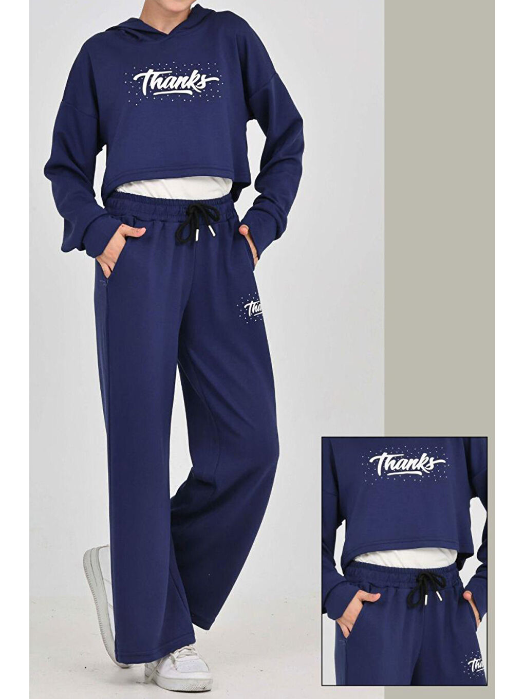 İndigo Kız Çocuk Oysho Kumaş Crop Tarz Kapüşonlu Geniş Paçalı Alt-Üst Takım 12297