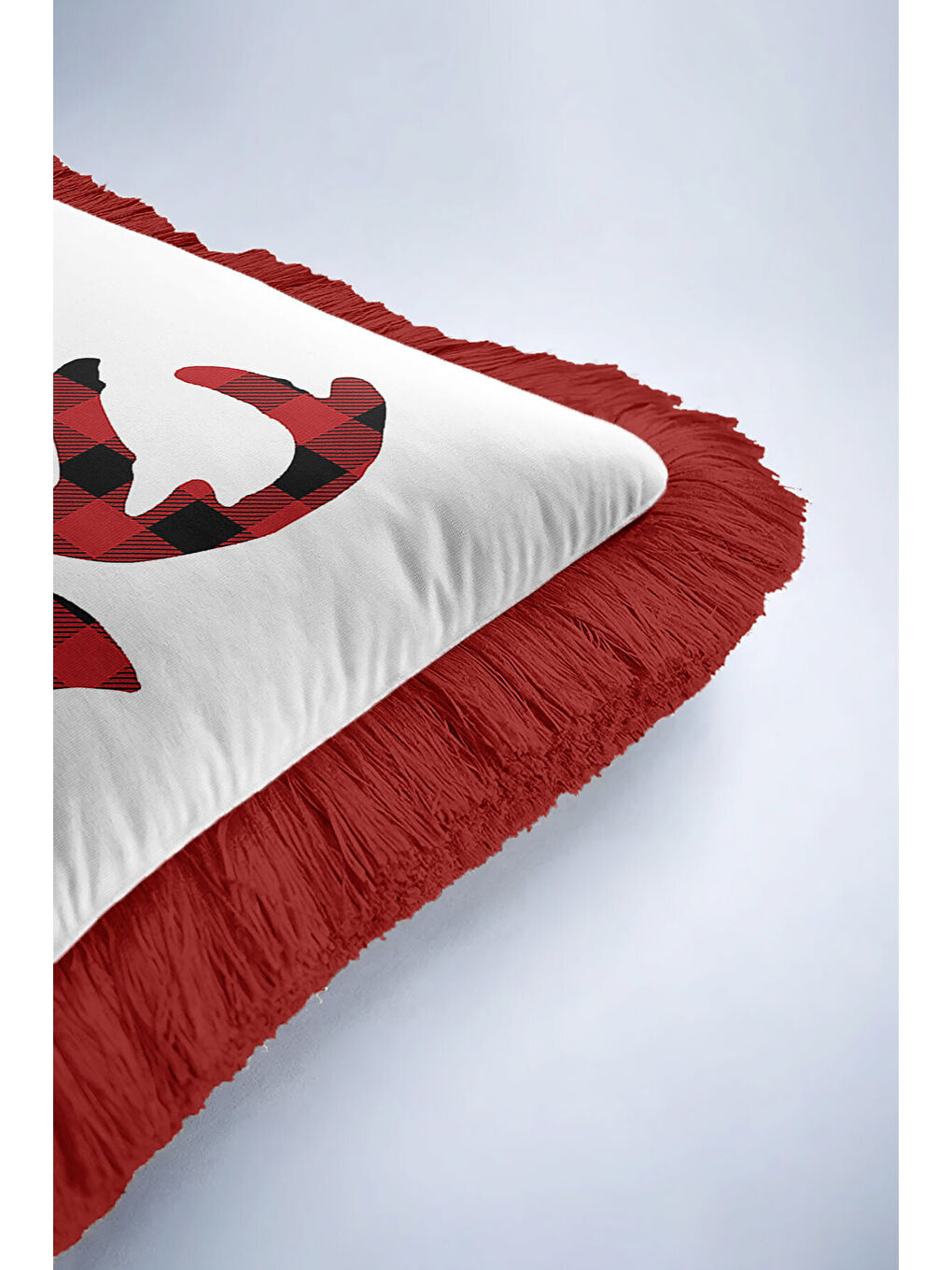 Karışık Kareli Geyikli Saçaklı Yastık Kılıfı - Kış Rustik Kırmızı Beyaz Püsküllü Kırlent Kılıfı-6