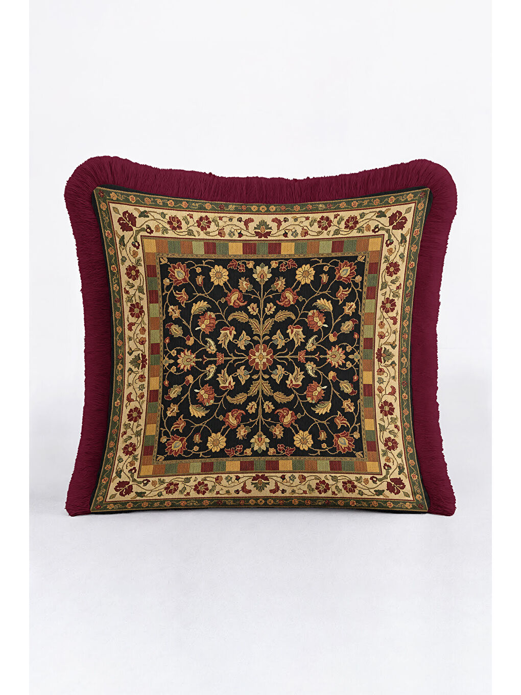 Karışık Saray Motifli Saçaklı Yastık Kılıfı - Vintage Etnik Altın Renkli Bordo Püsküllü Kırlent Kılıfı-1