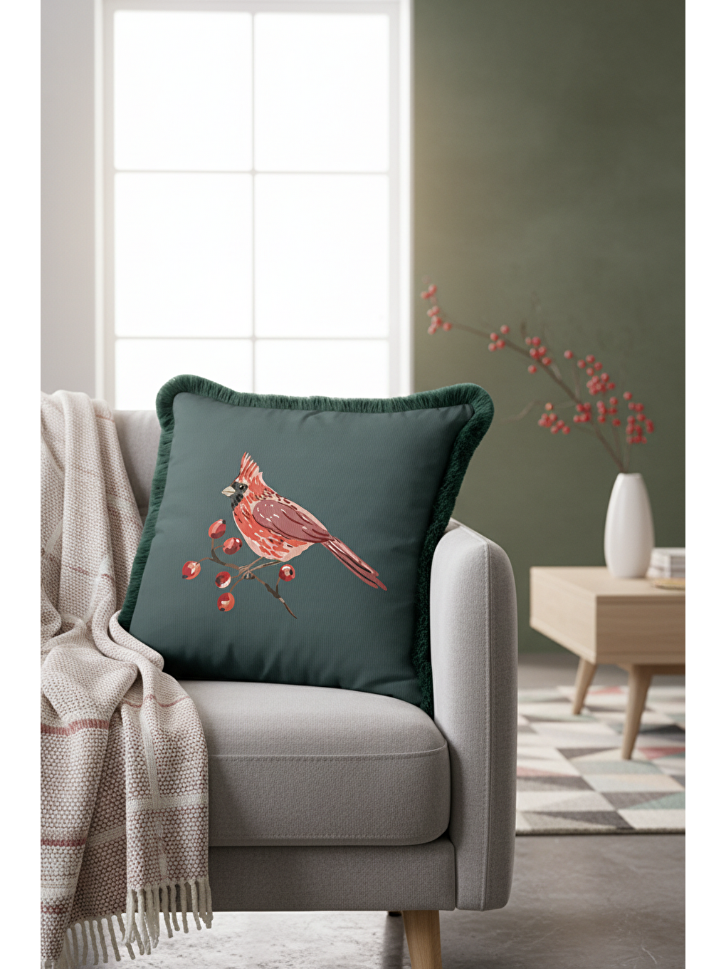 Karışık Kırmızı Kuşlu Saçaklı Yastık Kılıfı - Doğadan Esinlenen Modern Yeşil Püsküllü Kırlent Kılıfı-3