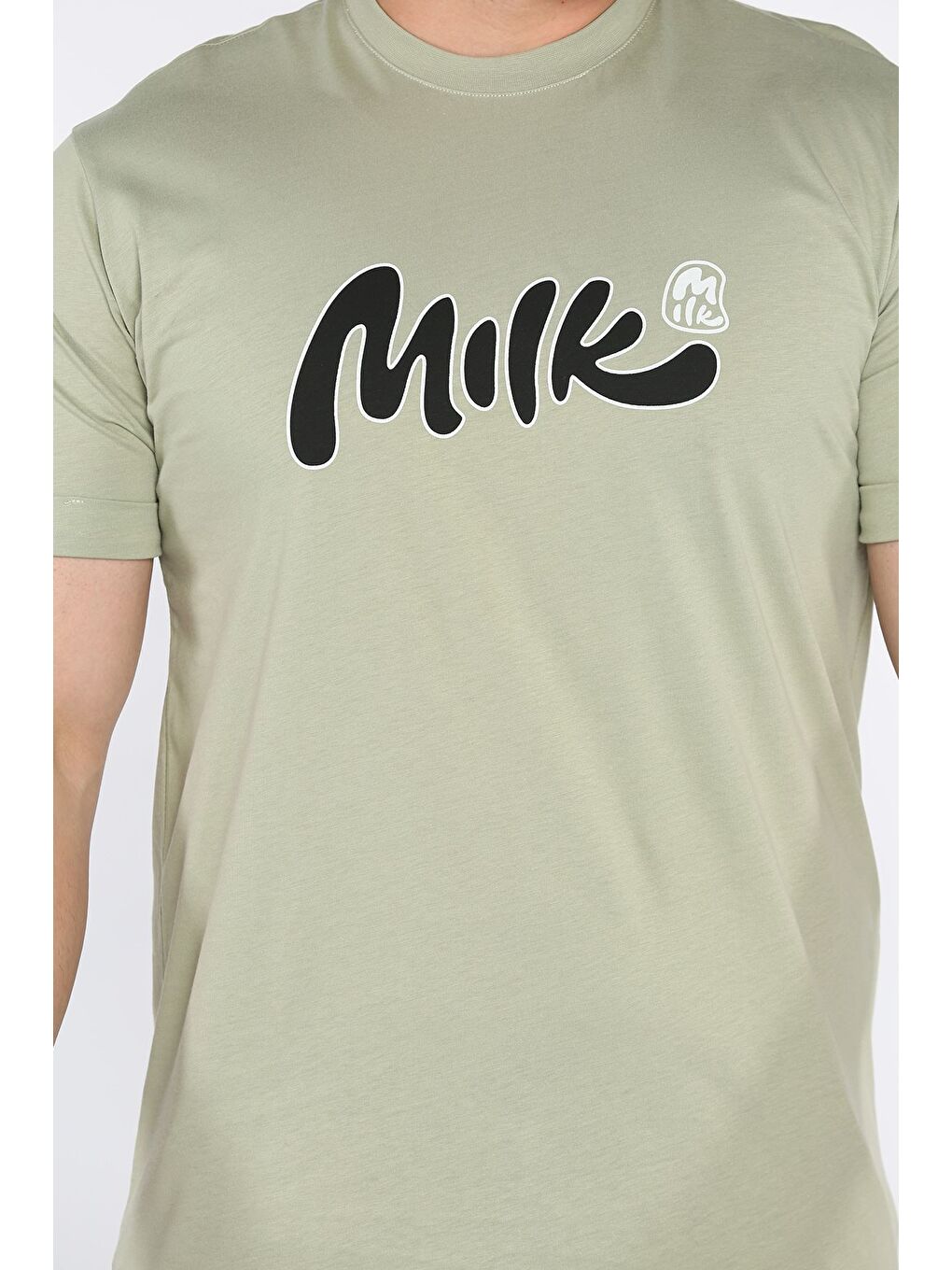 Haki Erkek Bisiklet Yaka Milk Baskılı Tişört-3