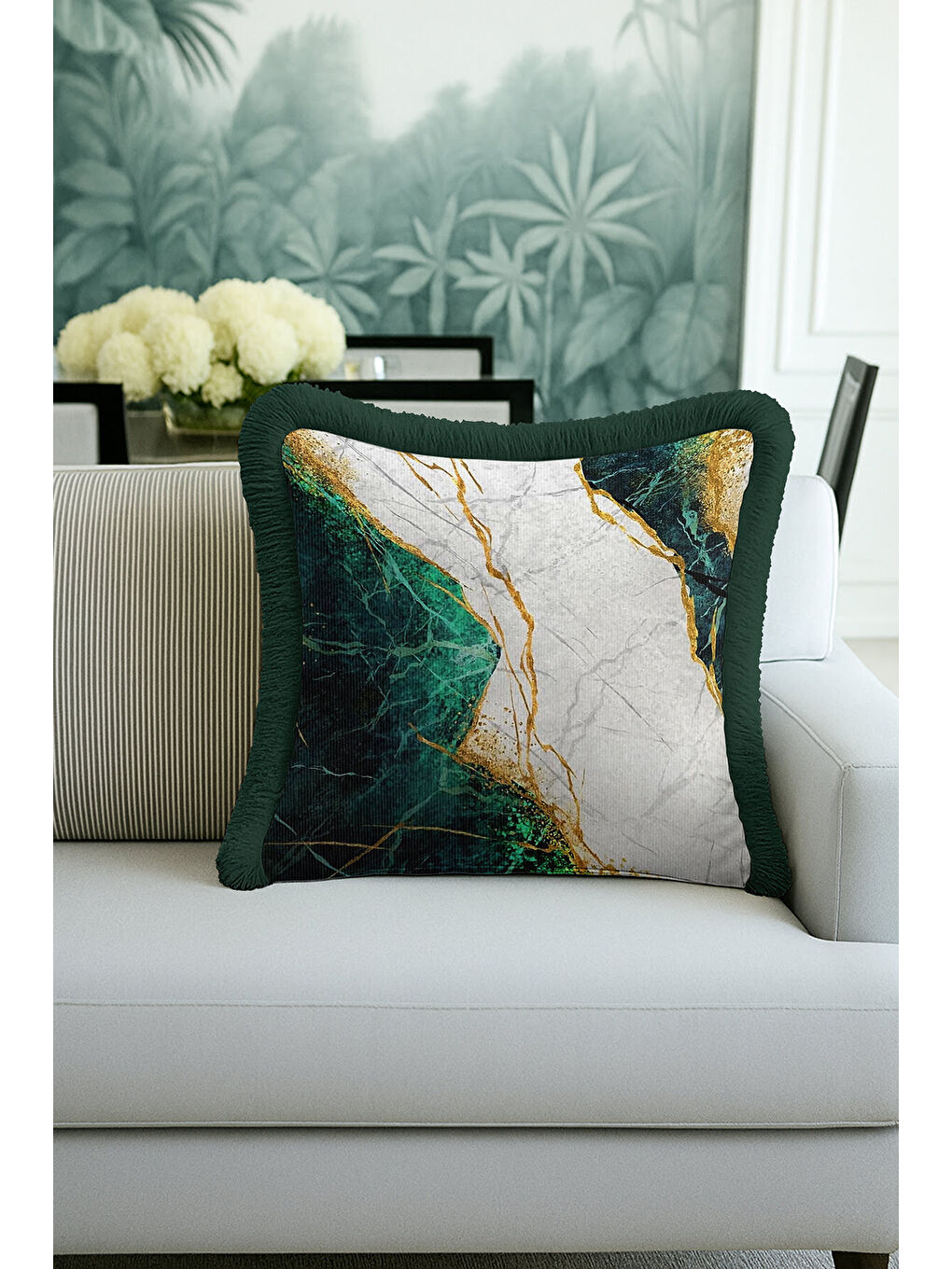 Karışık Mermer Efektli Lüks Saçaklı Yastık Kılıfı - Modern Zümrüt Yeşili Altın Renk Püsküllü Kırlent Kılıfı-4