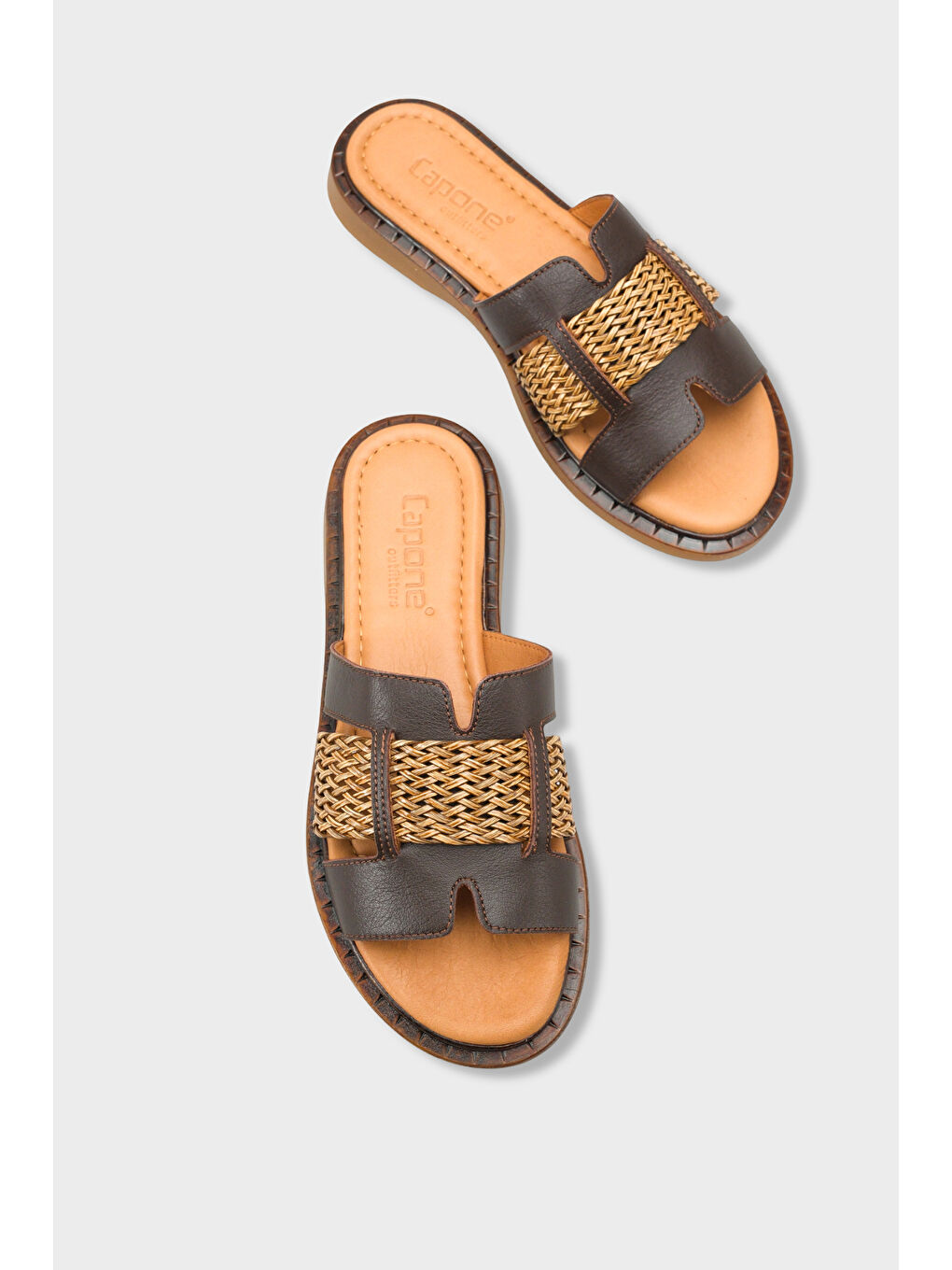 Kahverengi Kayla Hakiki Deri Hasırlı Düz Topuklu Kadın Terlik-4